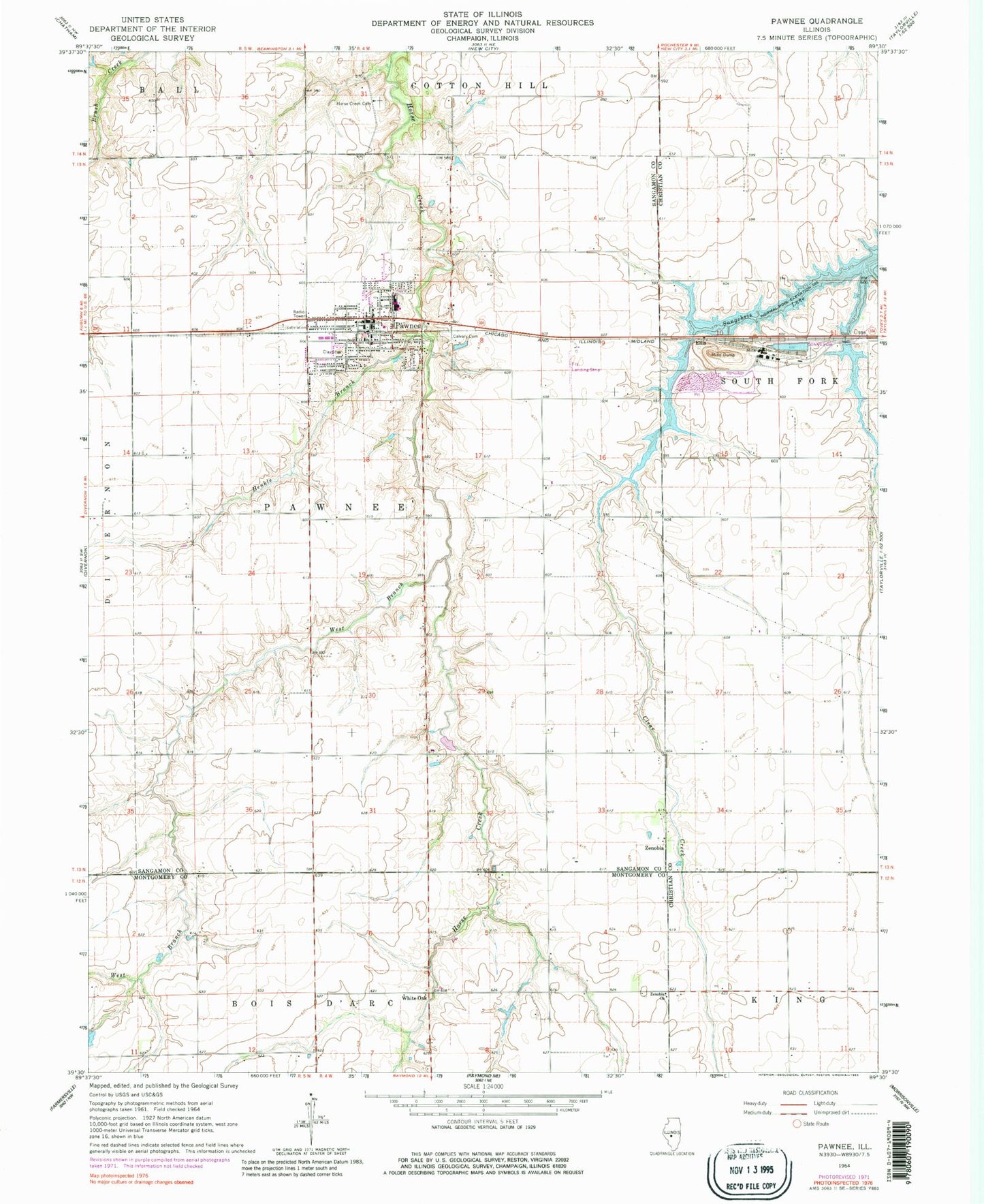 Classic USGS Pawnee Illinois 7.5'x7.5' Topo Map Image