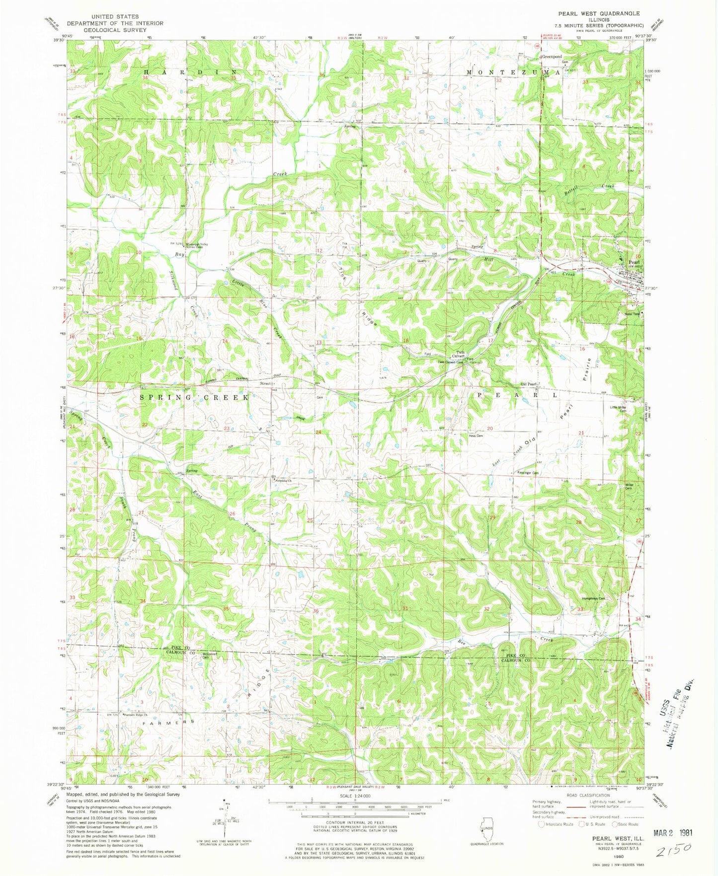 Classic USGS Pearl West Illinois 7.5'x7.5' Topo Map Image