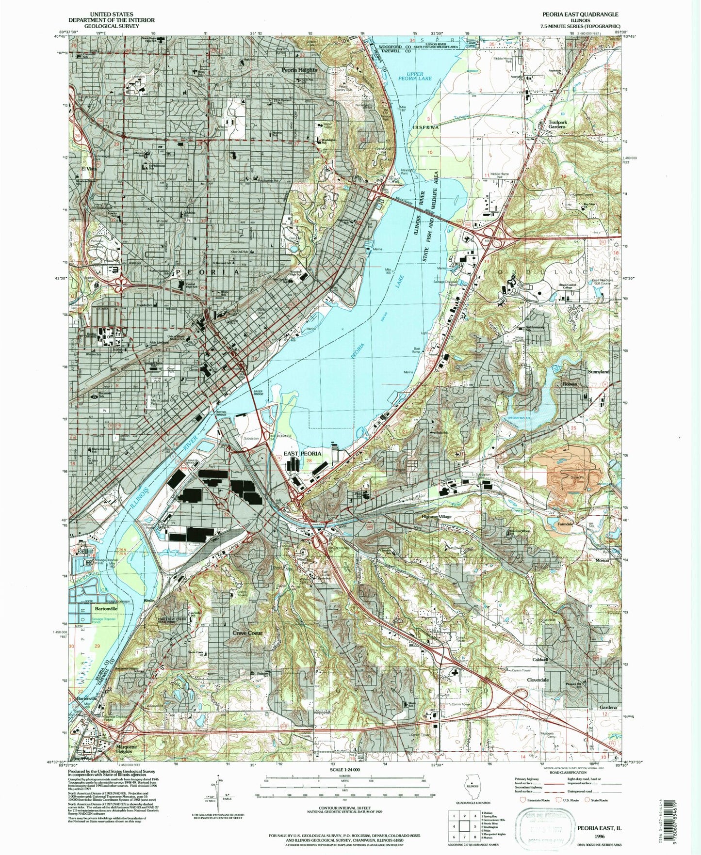 Classic USGS Peoria East Illinois 7.5'x7.5' Topo Map Image