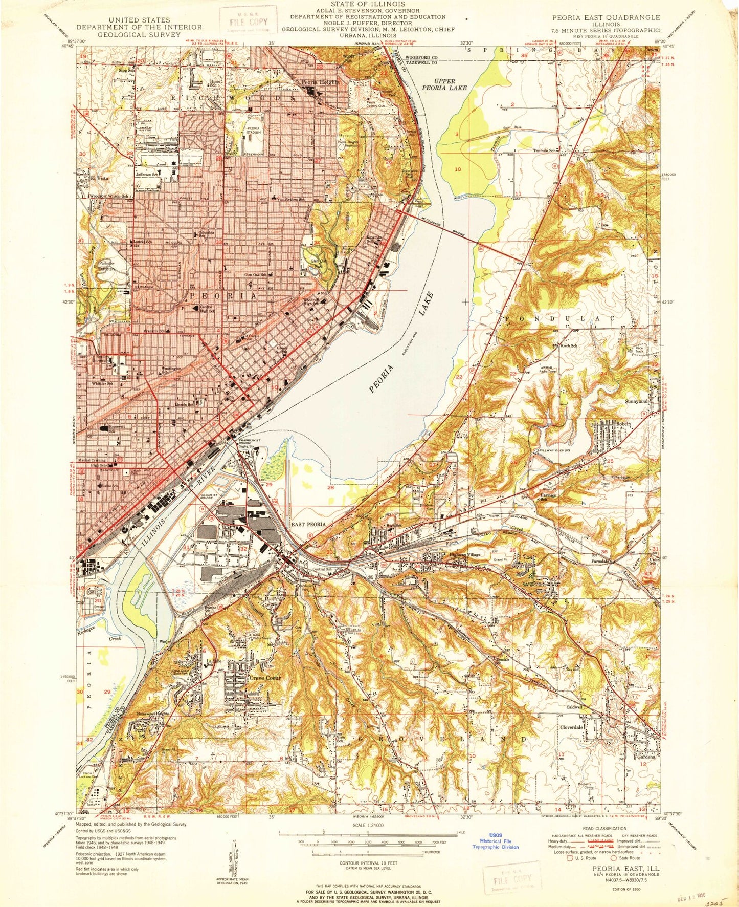 Classic USGS Peoria East Illinois 7.5'x7.5' Topo Map Image