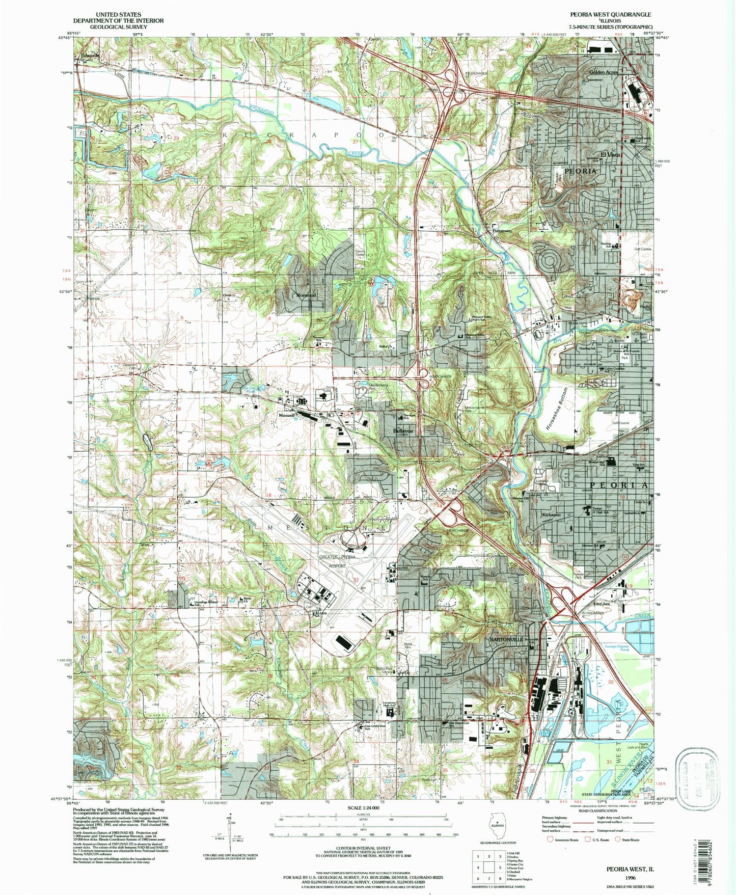 Classic USGS Peoria West Illinois 7.5'x7.5' Topo Map Image