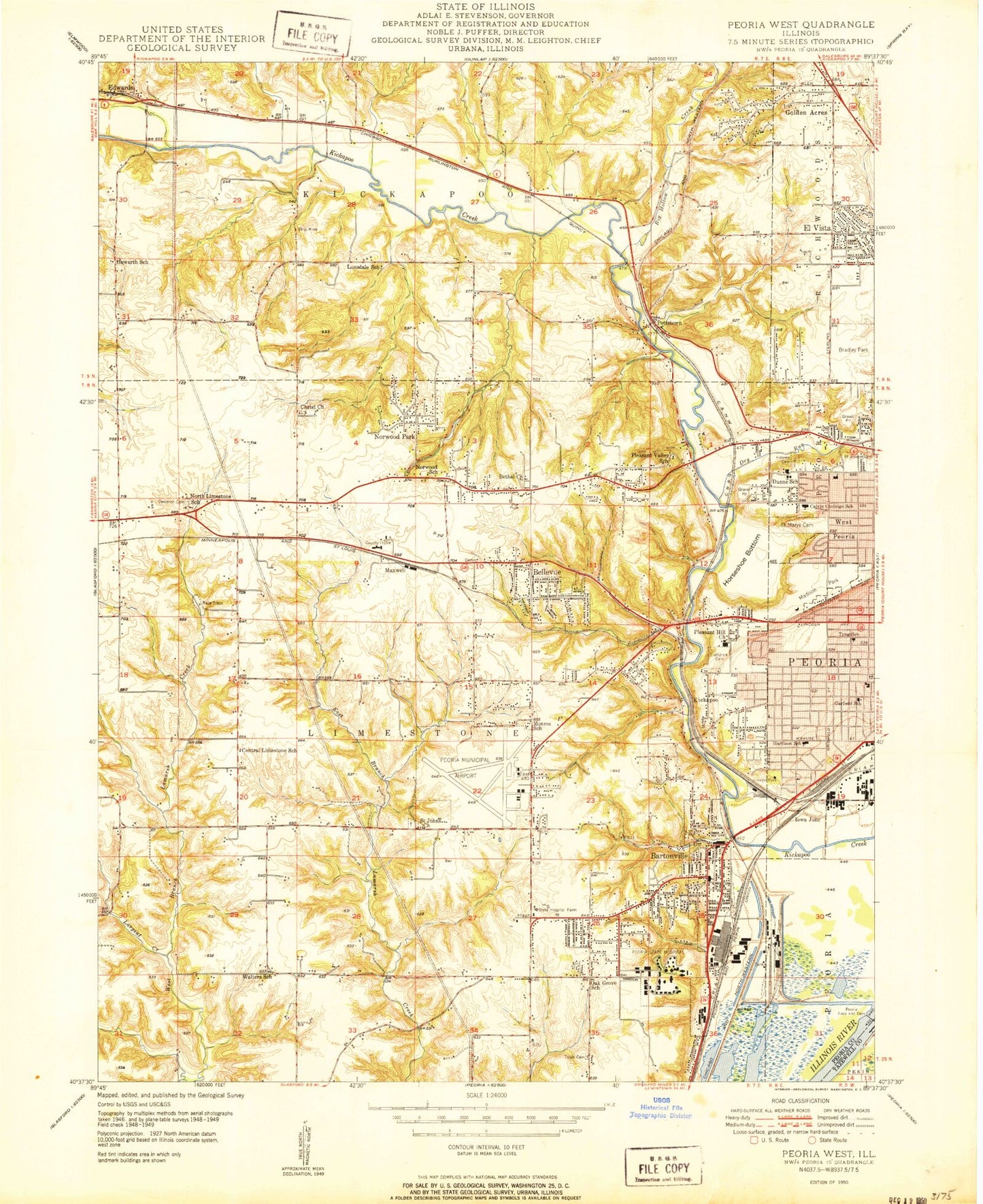 Classic USGS Peoria West Illinois 7.5'x7.5' Topo Map Image