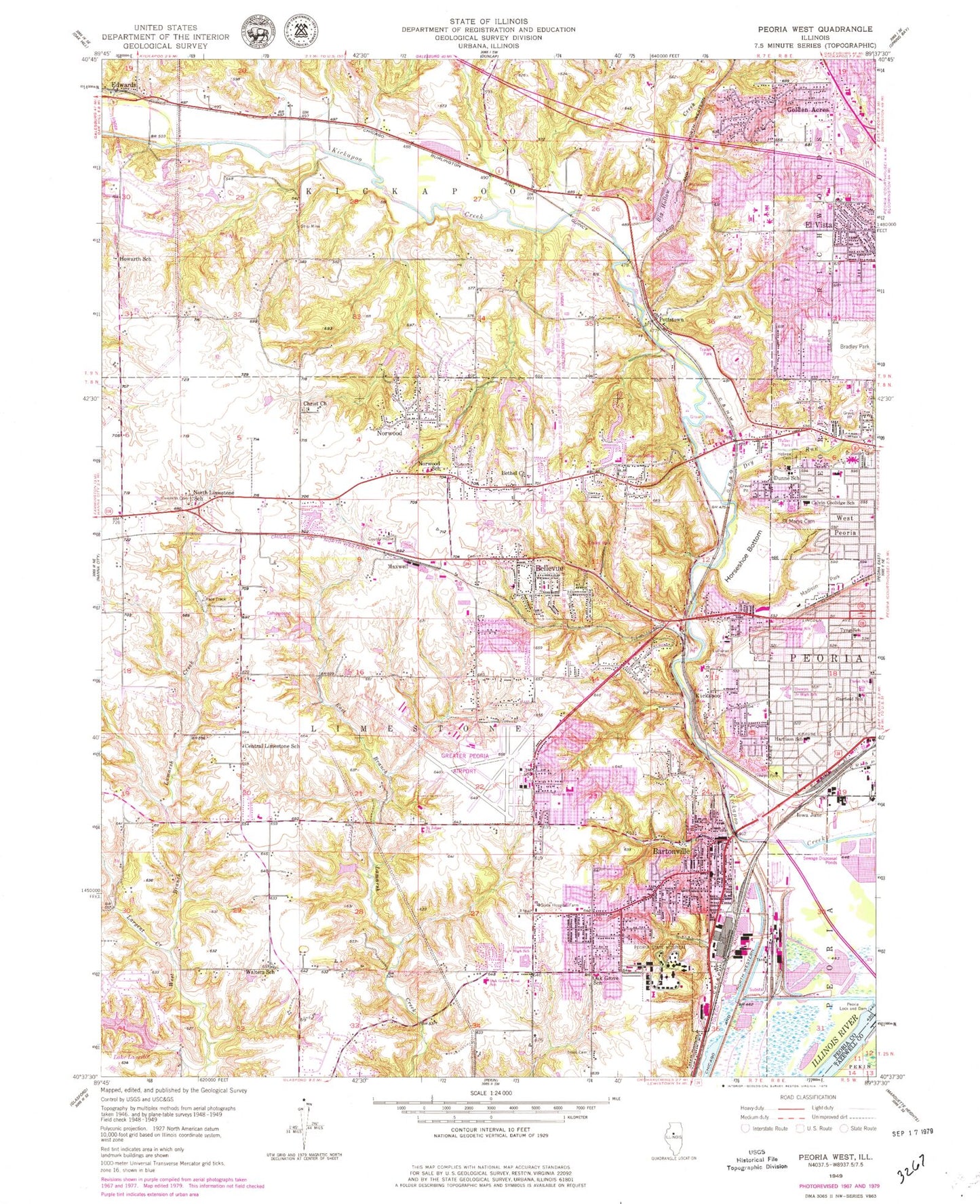Classic USGS Peoria West Illinois 7.5'x7.5' Topo Map Image