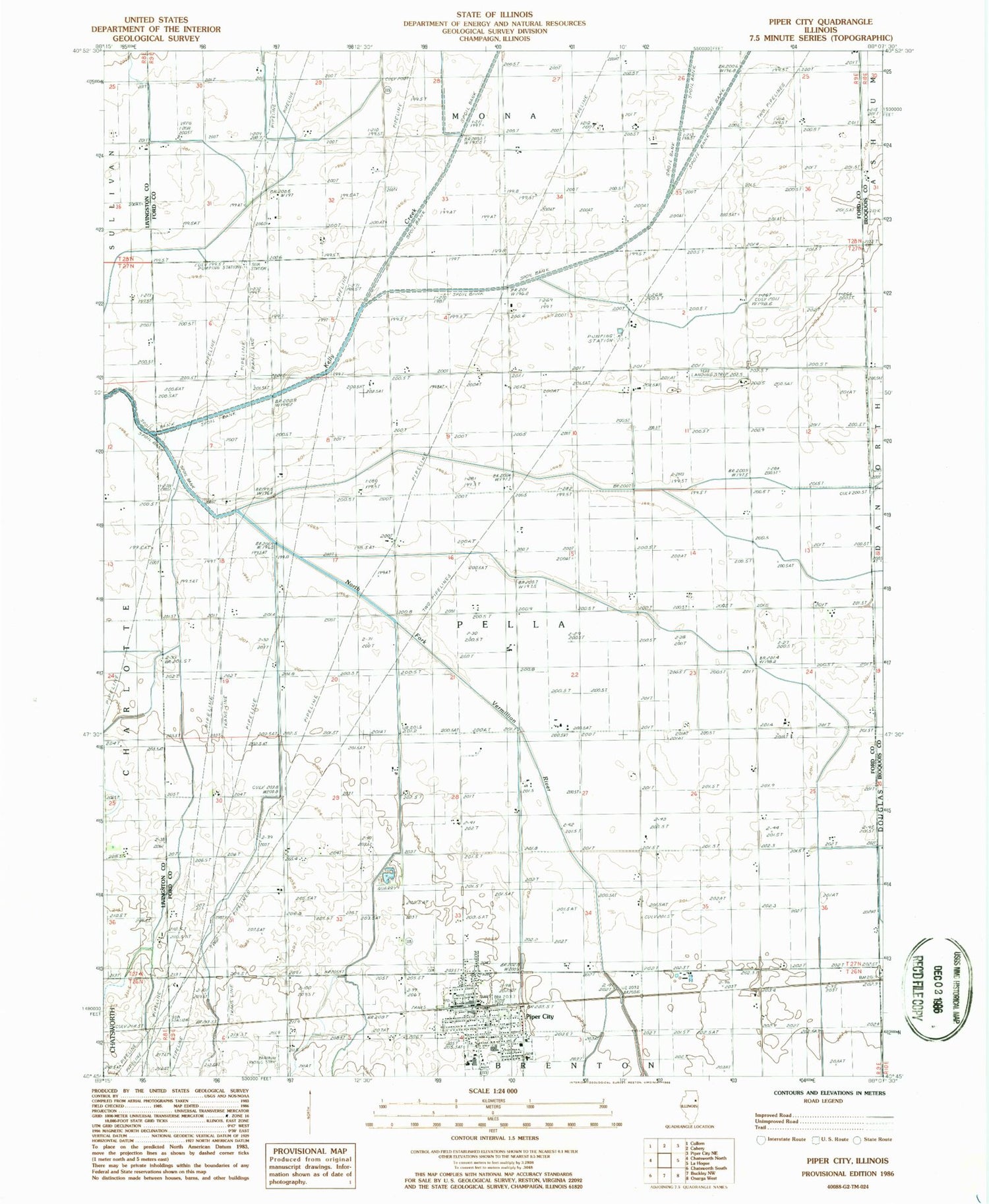 Classic USGS Piper City Illinois 7.5'x7.5' Topo Map Image