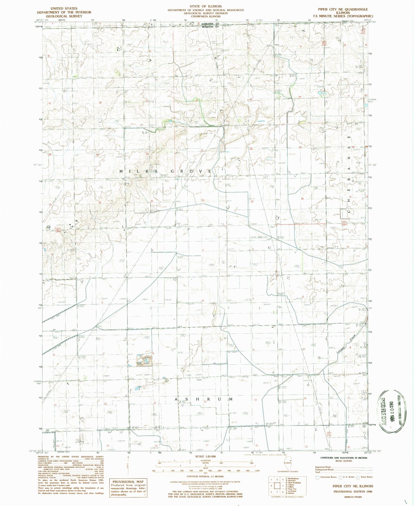 Classic USGS Piper City NE Illinois 7.5'x7.5' Topo Map Image