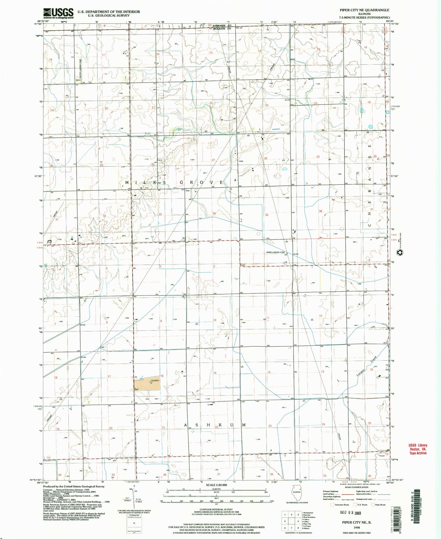 Classic USGS Piper City NE Illinois 7.5'x7.5' Topo Map Image