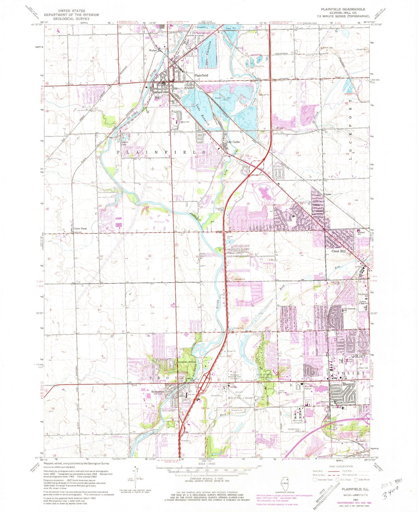 Classic USGS Plainfield Illinois 7.5'x7.5' Topo Map Image