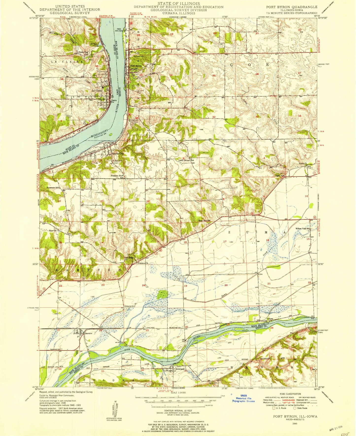 Classic USGS Port Byron Illinois 7.5'x7.5' Topo Map Image