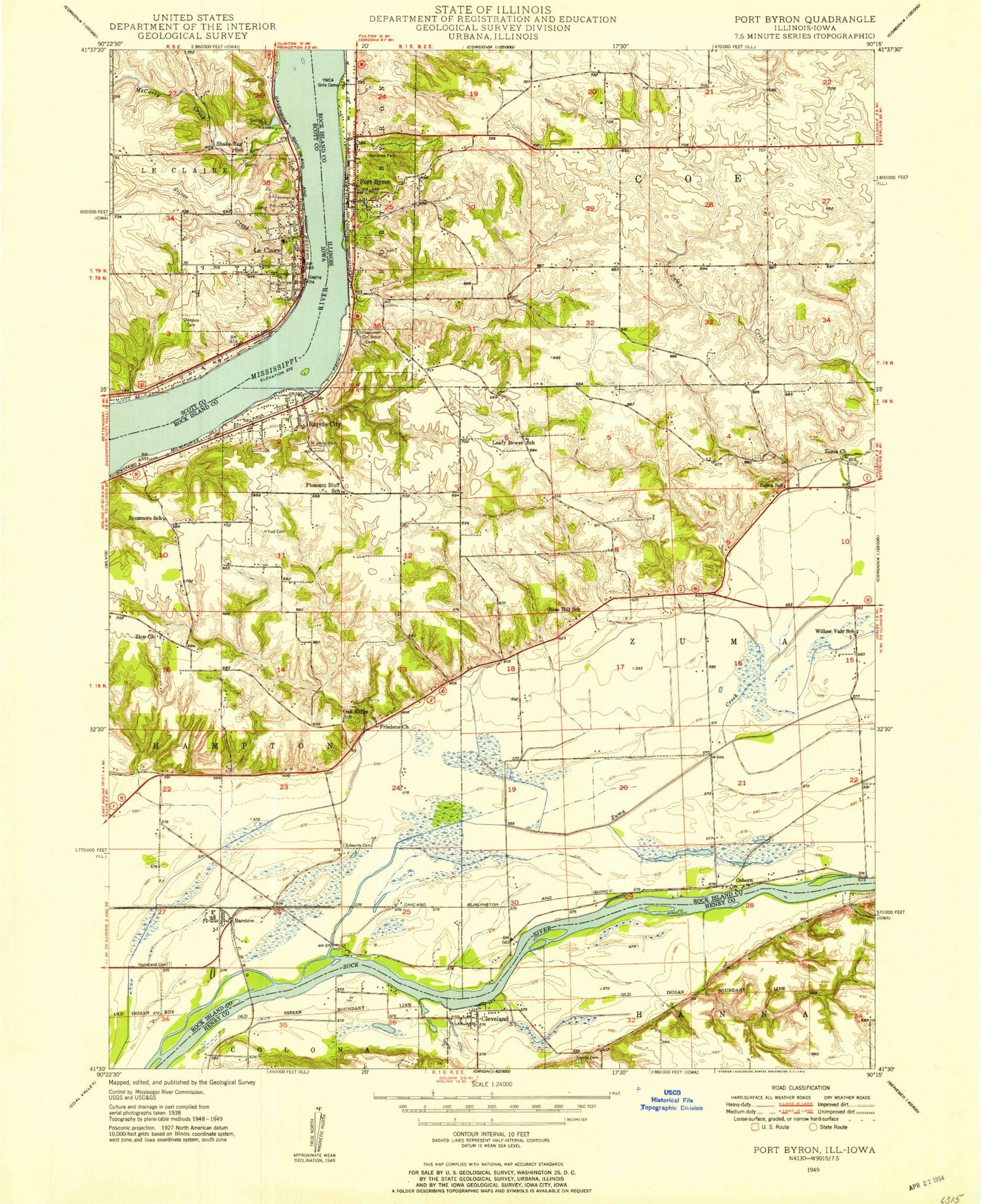 Classic USGS Port Byron Illinois 7.5'x7.5' Topo Map Image