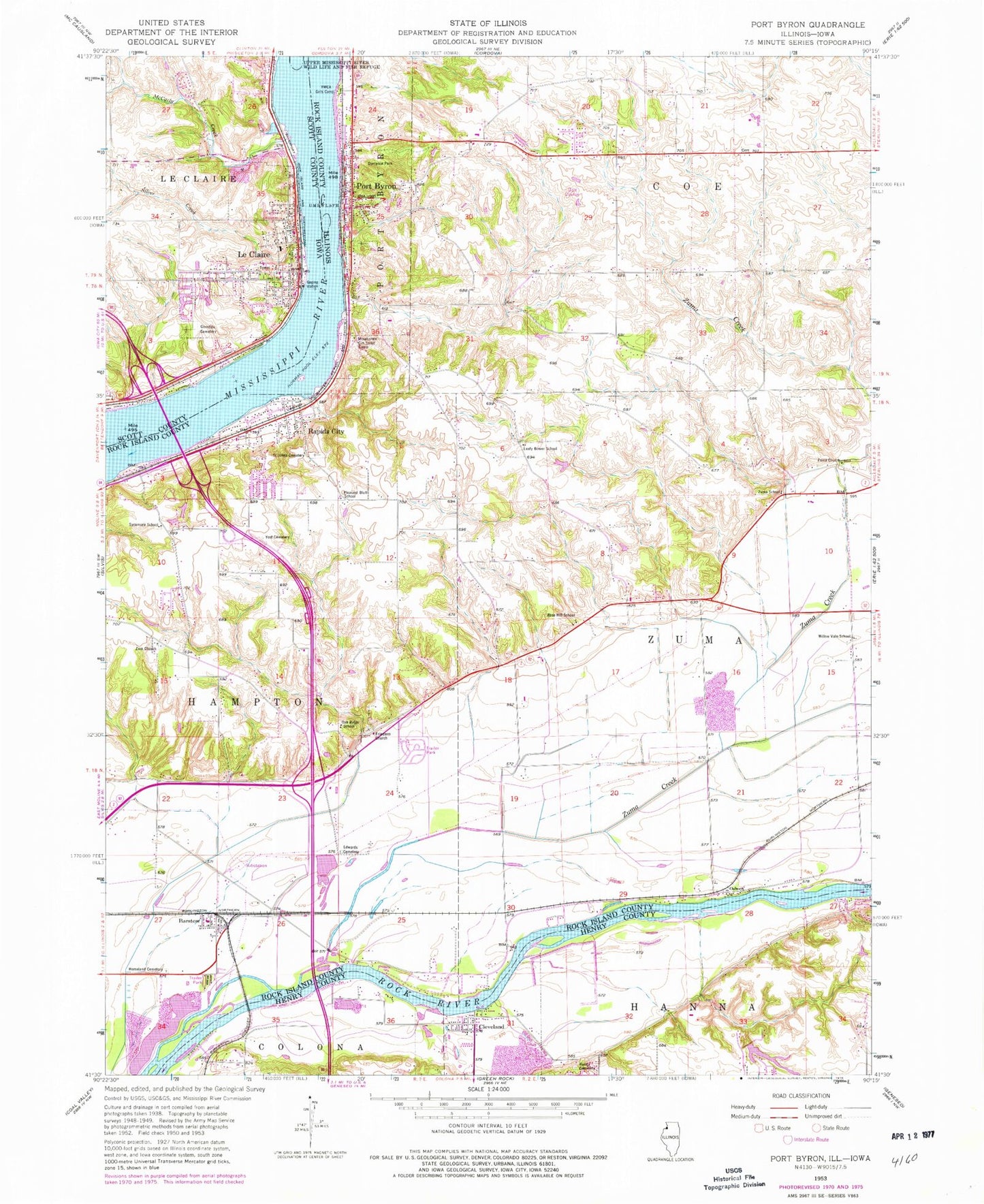 Classic USGS Port Byron Illinois 7.5'x7.5' Topo Map Image