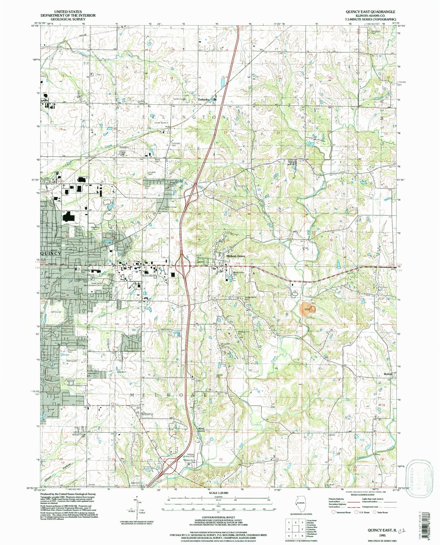 Classic USGS Quincy East Illinois 7.5'x7.5' Topo Map Image
