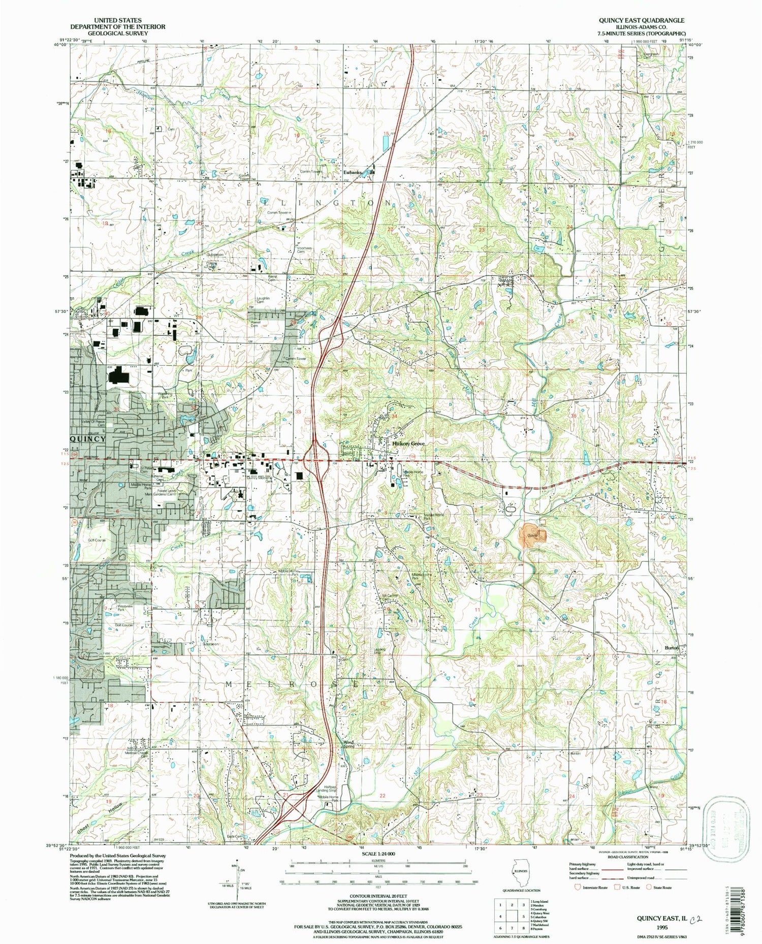 Classic USGS Quincy East Illinois 7.5'x7.5' Topo Map Image