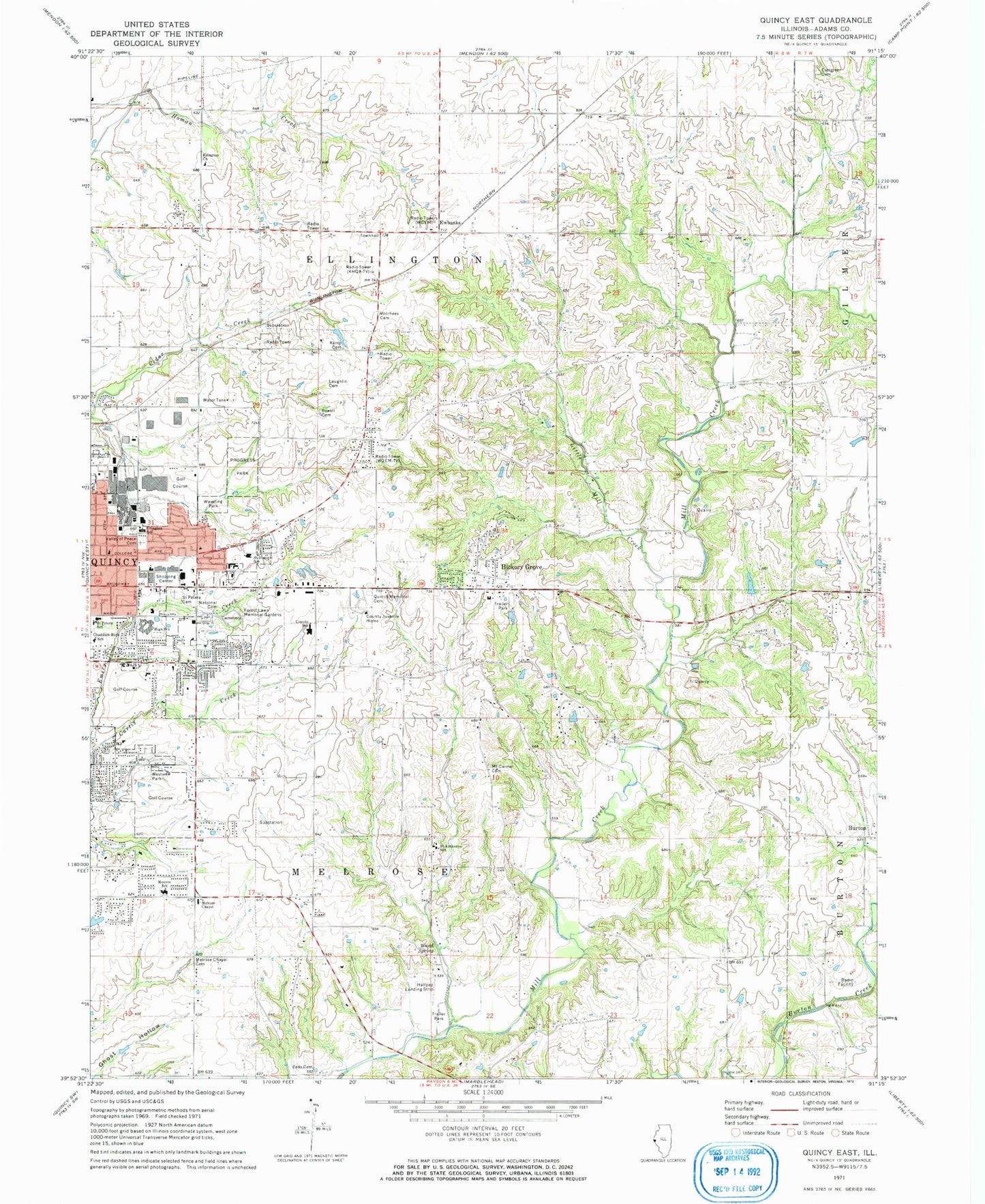 Classic USGS Quincy East Illinois 7.5'x7.5' Topo Map Image