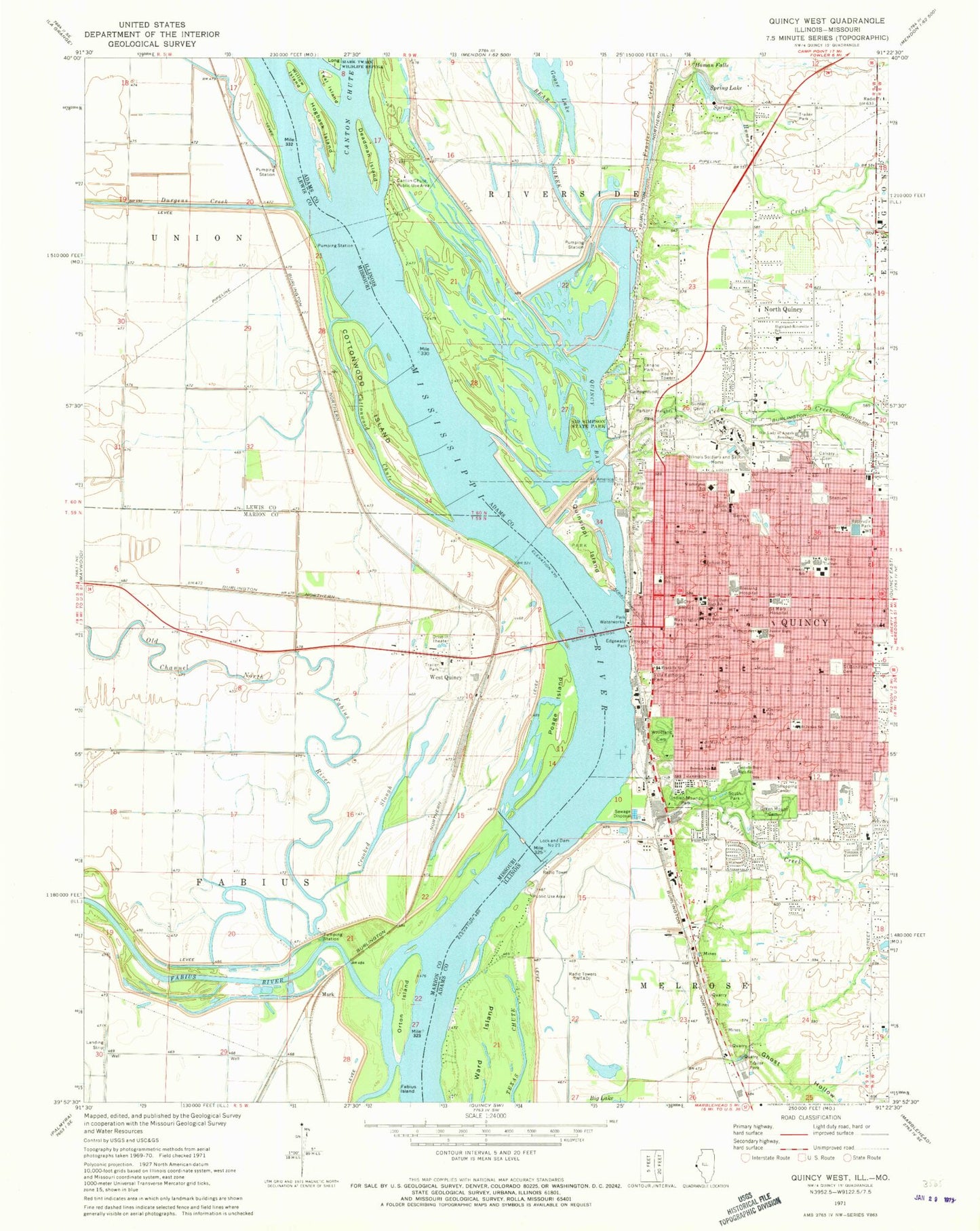 Classic USGS Quincy West Illinois 7.5'x7.5' Topo Map Image