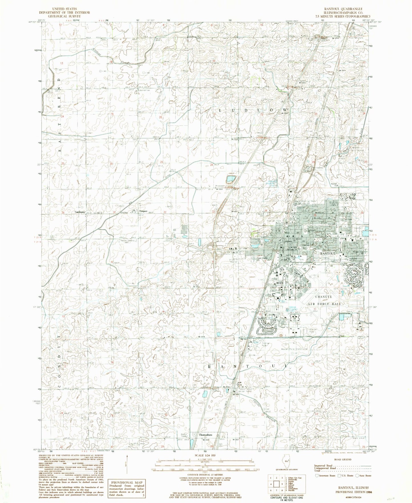 Classic USGS Rantoul Illinois 7.5'x7.5' Topo Map Image