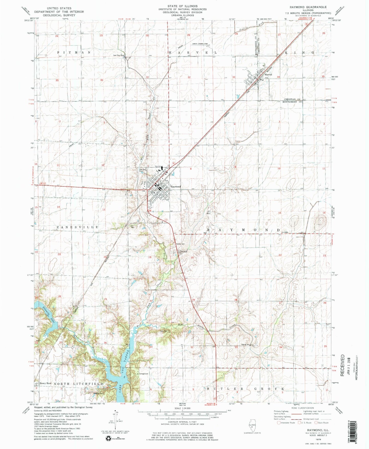 Classic USGS Raymond Illinois 7.5'x7.5' Topo Map Image