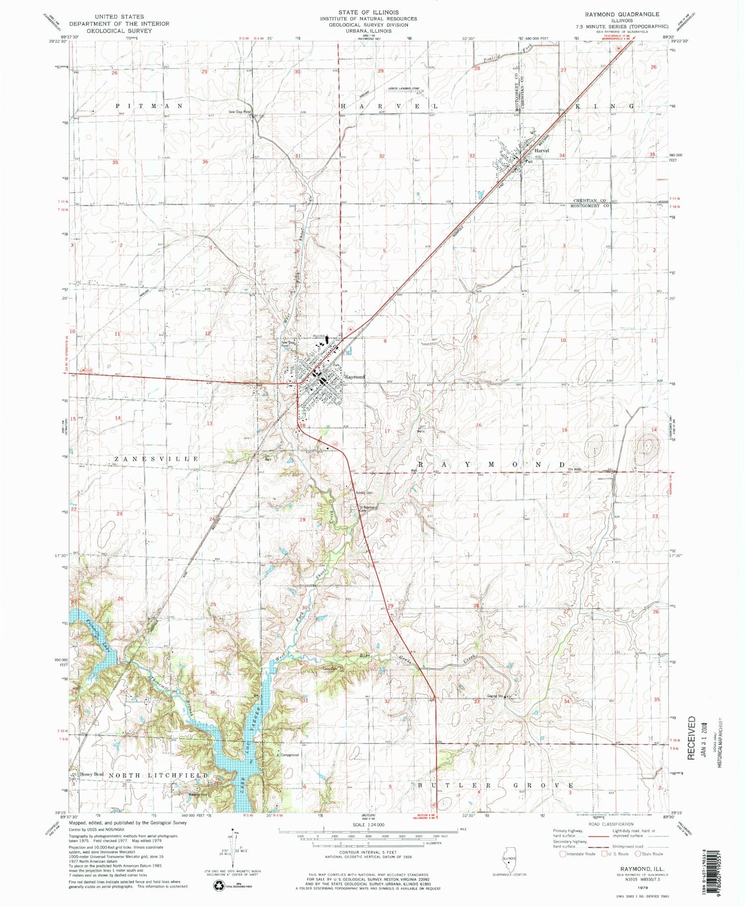 Classic USGS Raymond Illinois 7.5'x7.5' Topo Map Image