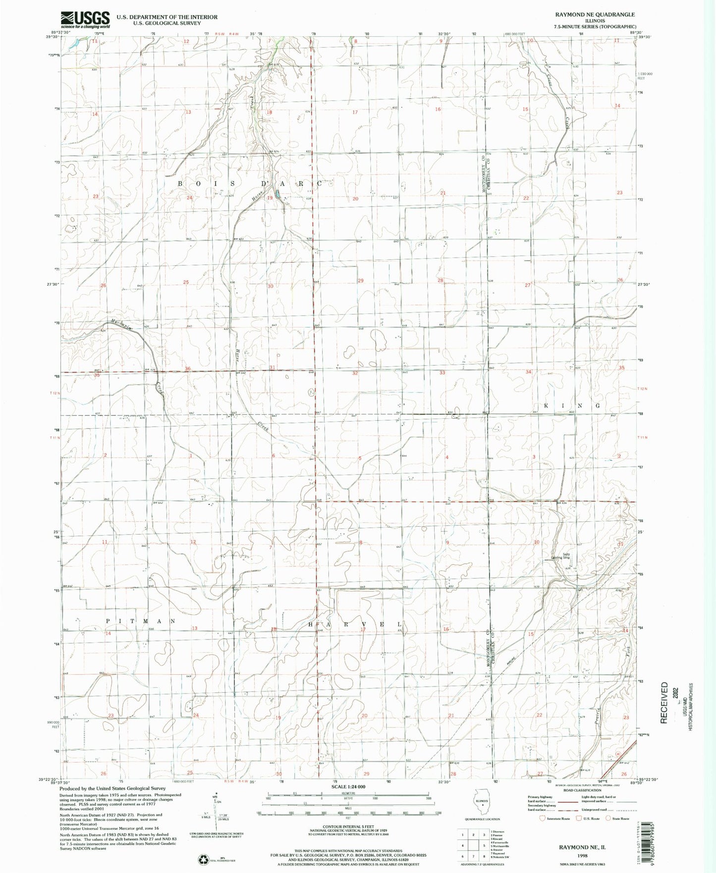 Classic USGS Raymond NE Illinois 7.5'x7.5' Topo Map Image