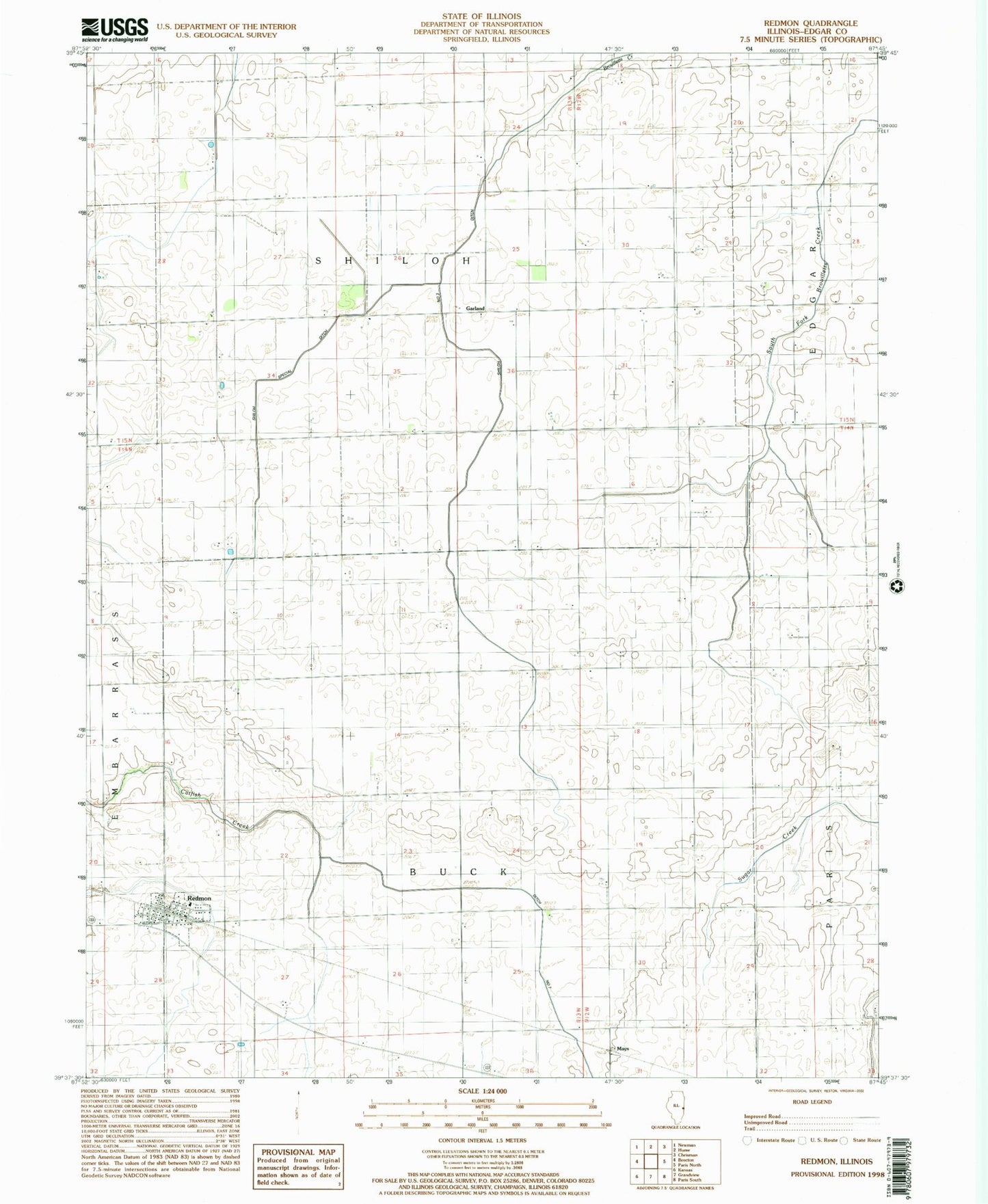Classic USGS Redmon Illinois 7.5'x7.5' Topo Map Image