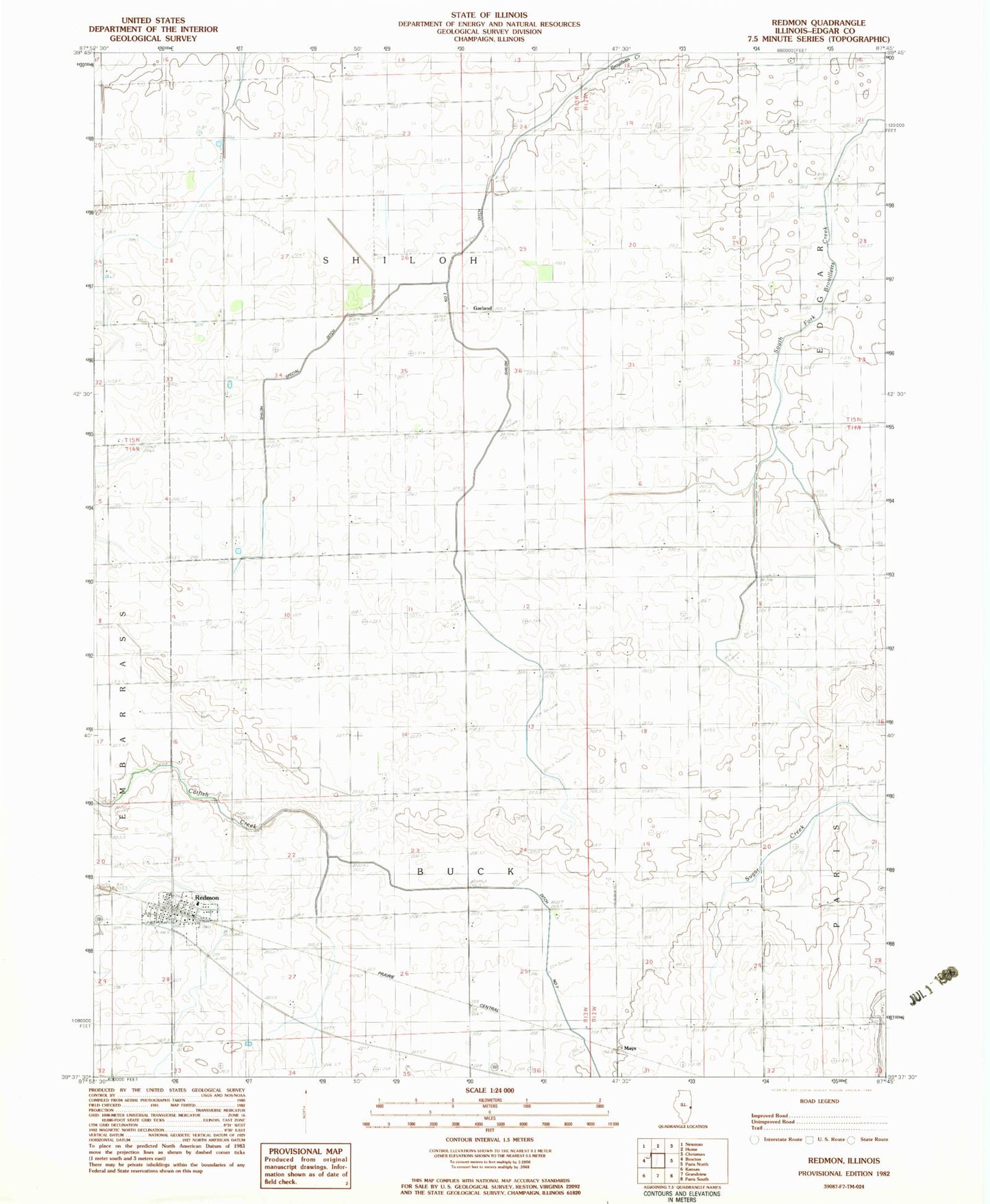 Classic USGS Redmon Illinois 7.5'x7.5' Topo Map Image