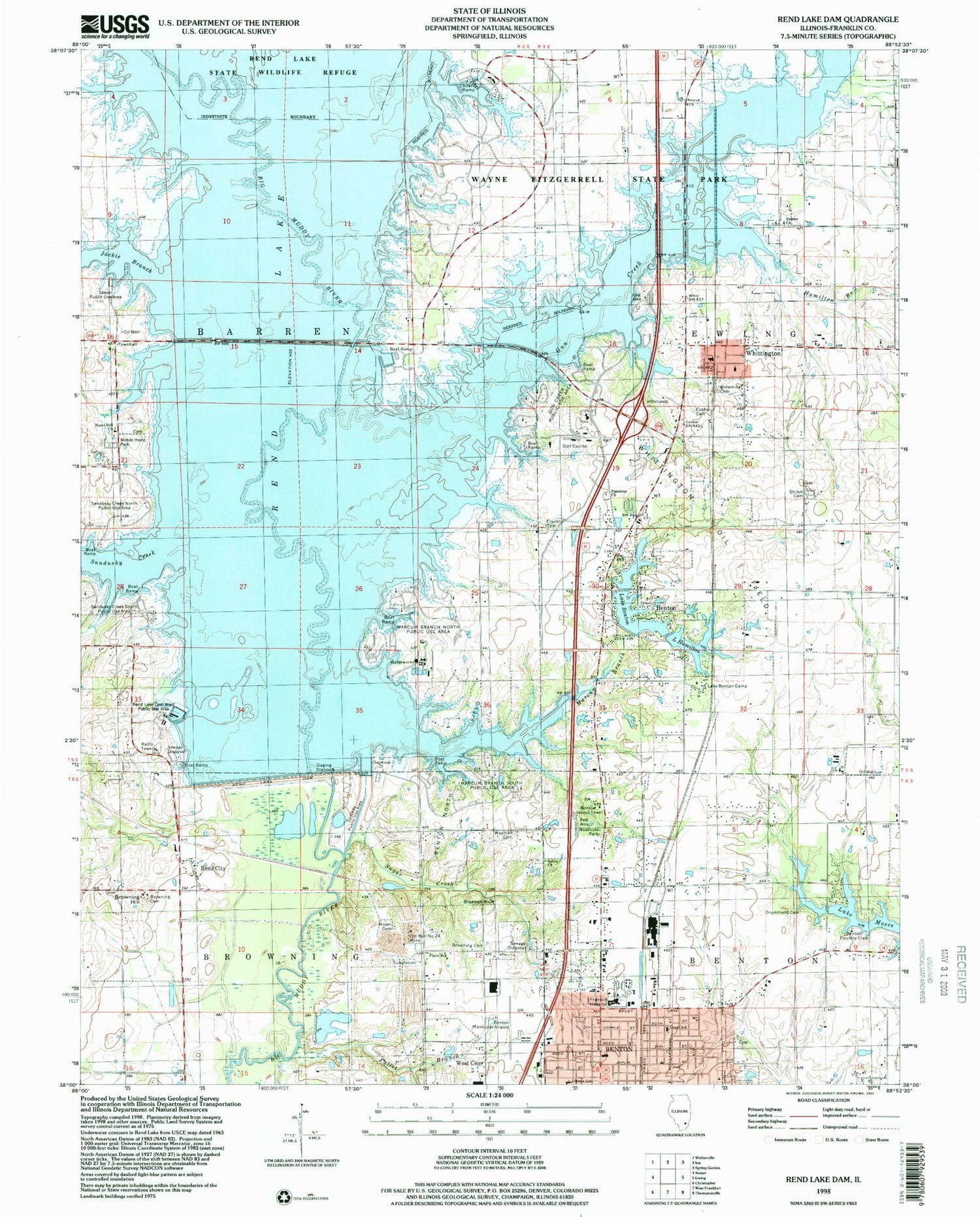 Classic USGS Rend Lake Dam Illinois 7.5'x7.5' Topo Map Image