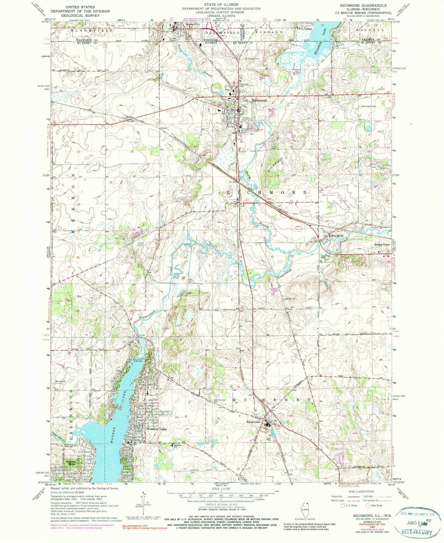 Classic USGS Richmond Illinois 7.5'x7.5' Topo Map Image