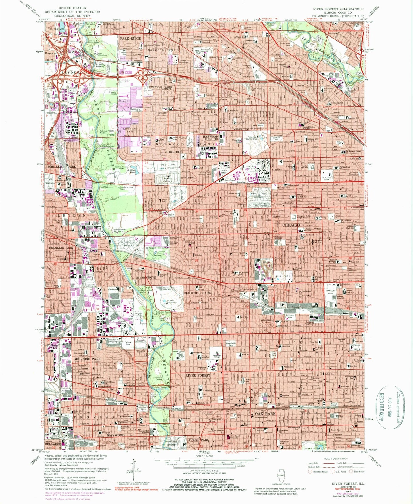 Classic USGS River Forest Illinois 7.5'x7.5' Topo Map Image