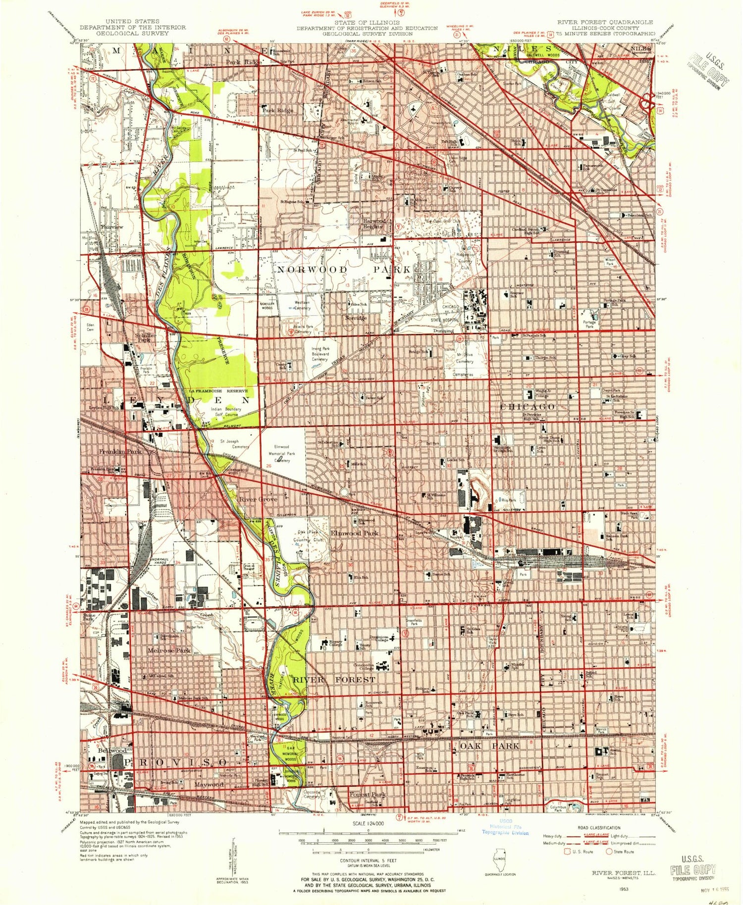 Classic USGS River Forest Illinois 7.5'x7.5' Topo Map Image
