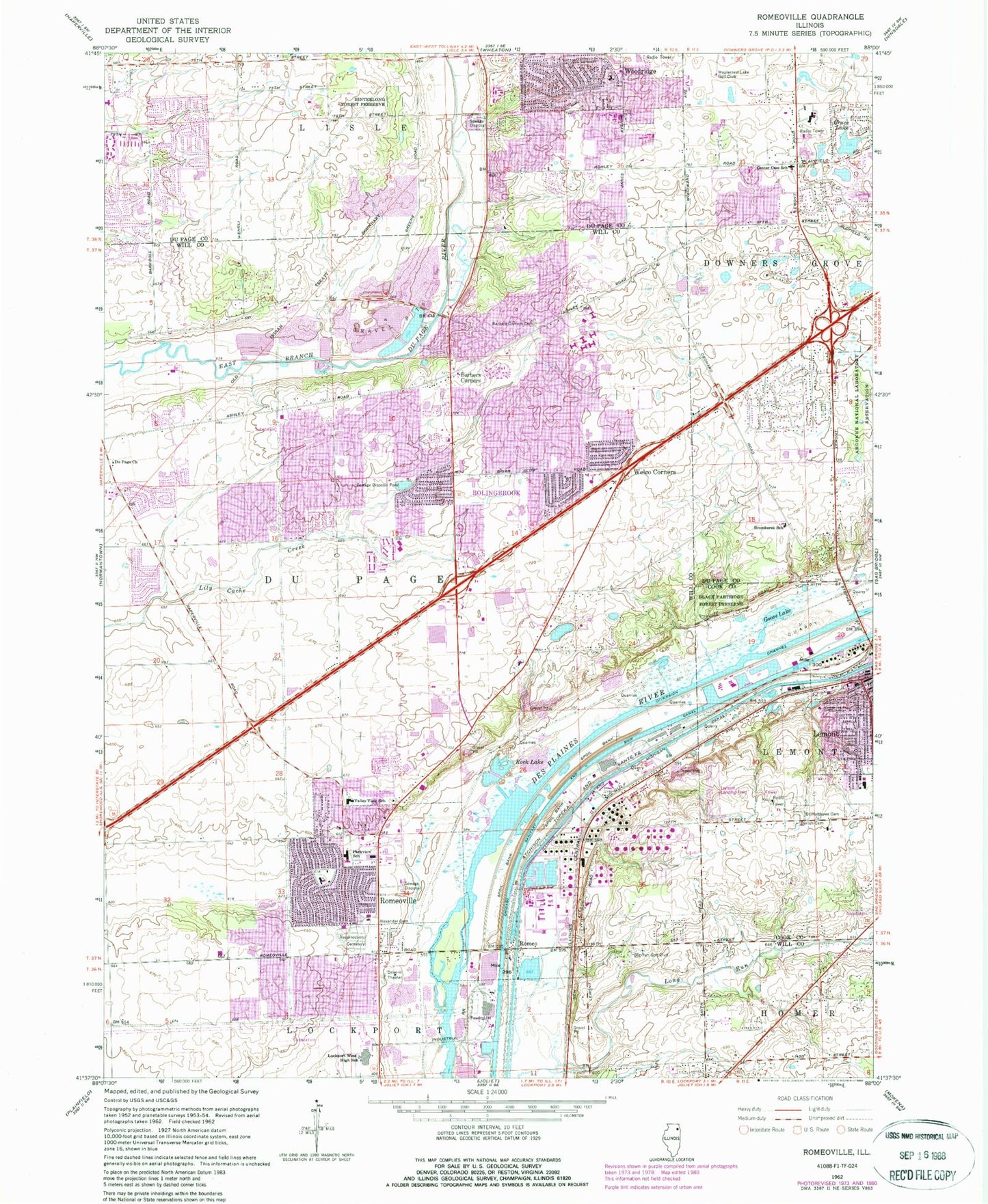 Classic USGS Romeoville Illinois 7.5'x7.5' Topo Map Image