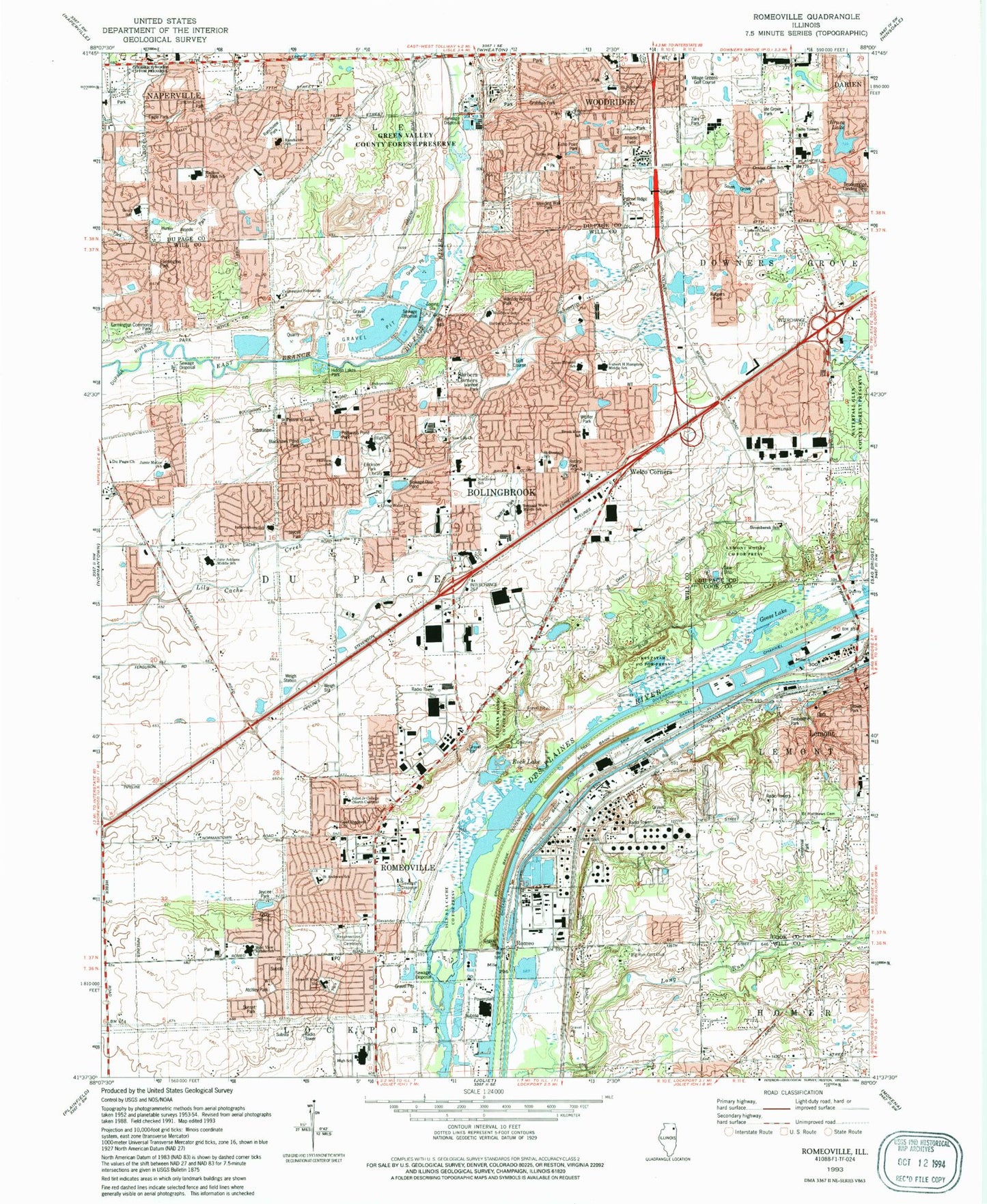 Classic USGS Romeoville Illinois 7.5'x7.5' Topo Map Image