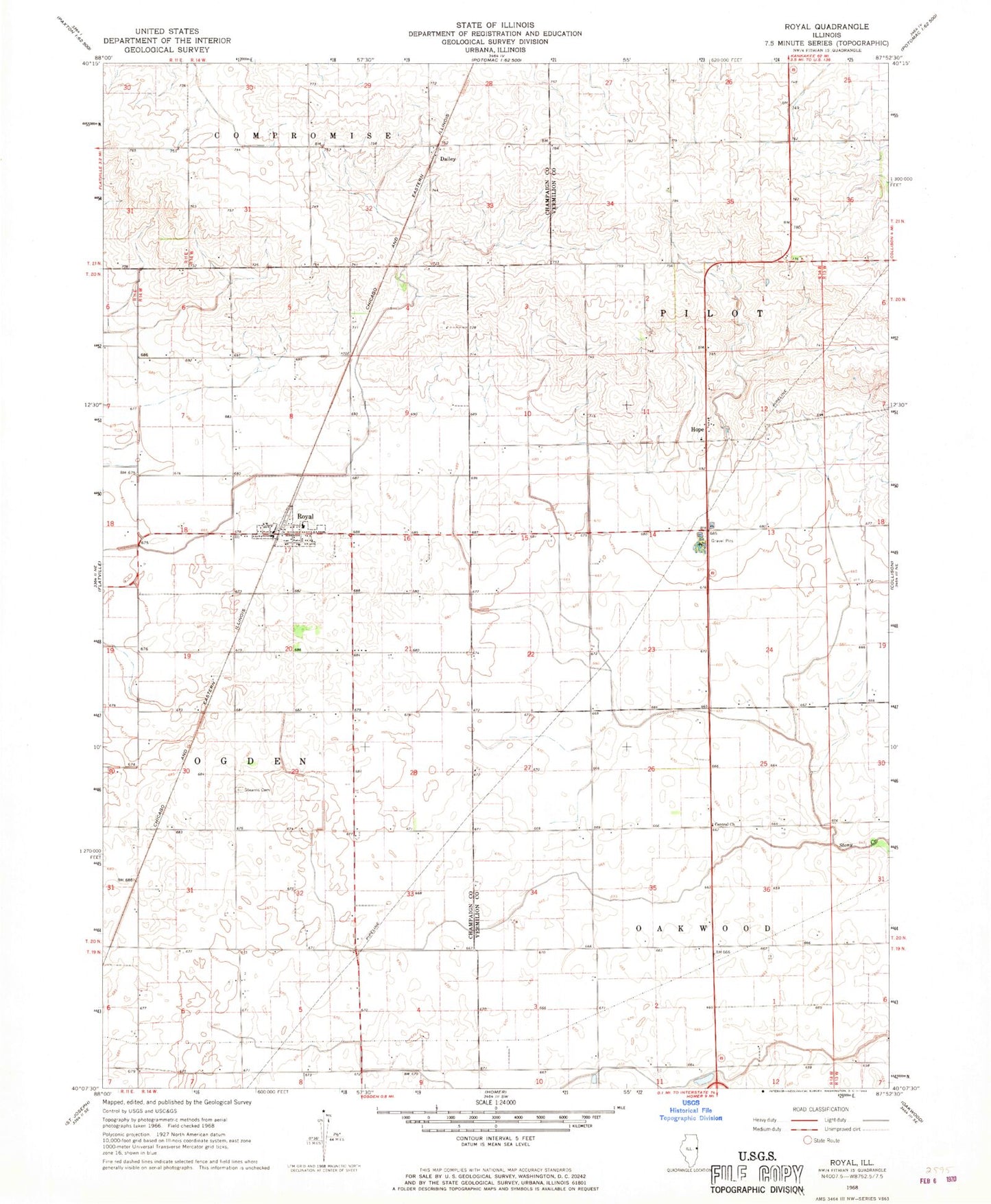 Classic USGS Royal Illinois 7.5'x7.5' Topo Map Image