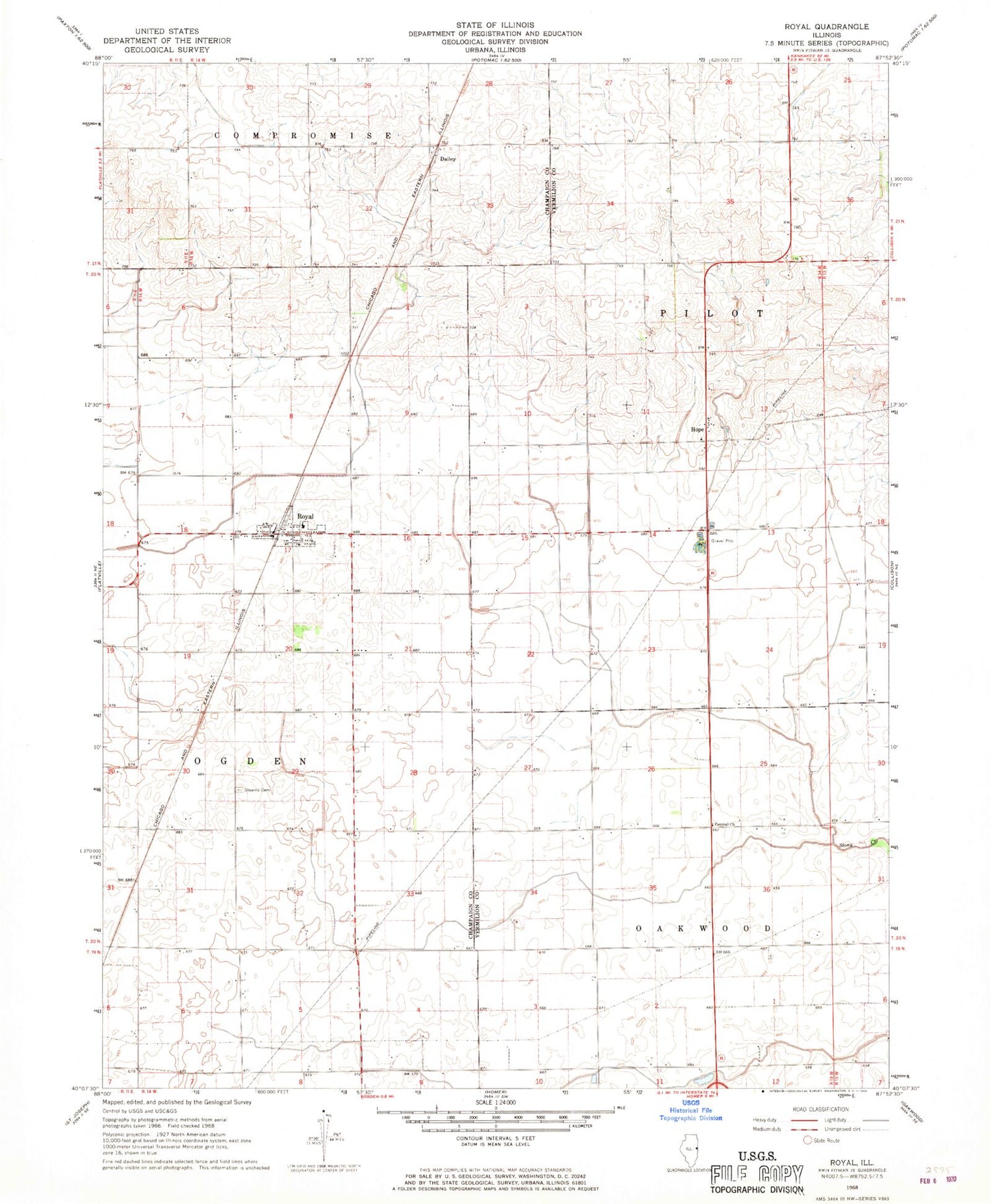 Classic USGS Royal Illinois 7.5'x7.5' Topo Map Image