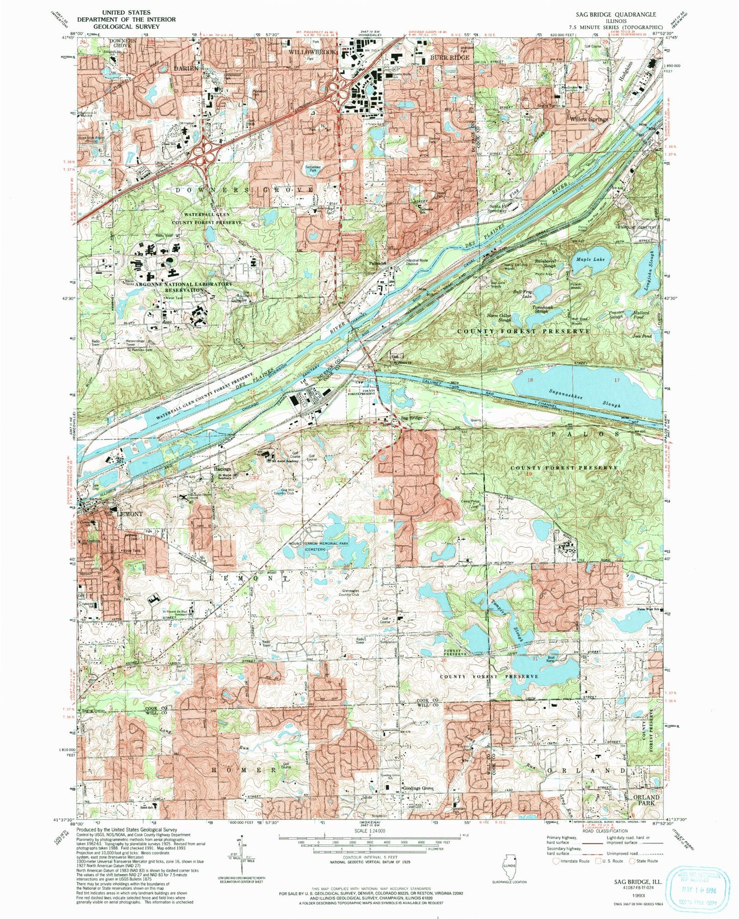 Classic USGS Sag Bridge Illinois 7.5'x7.5' Topo Map Image