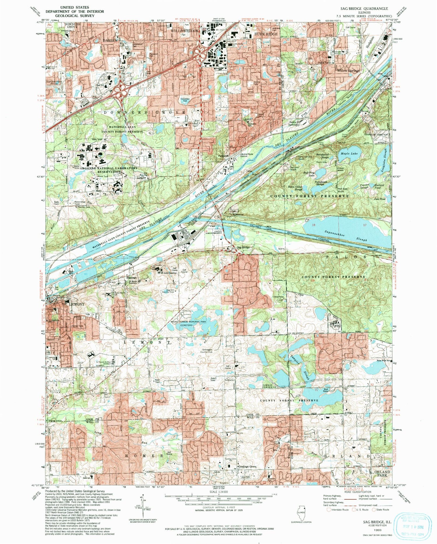 Classic USGS Sag Bridge Illinois 7.5'x7.5' Topo Map Image