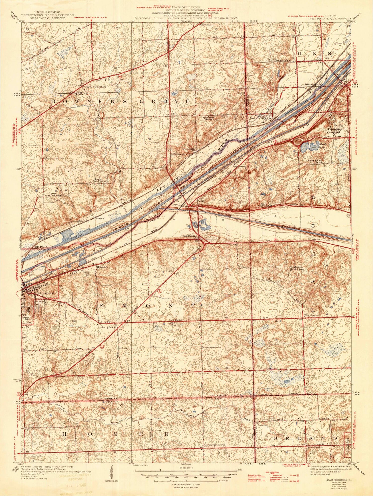 Classic USGS Sag Bridge Illinois 7.5'x7.5' Topo Map Image