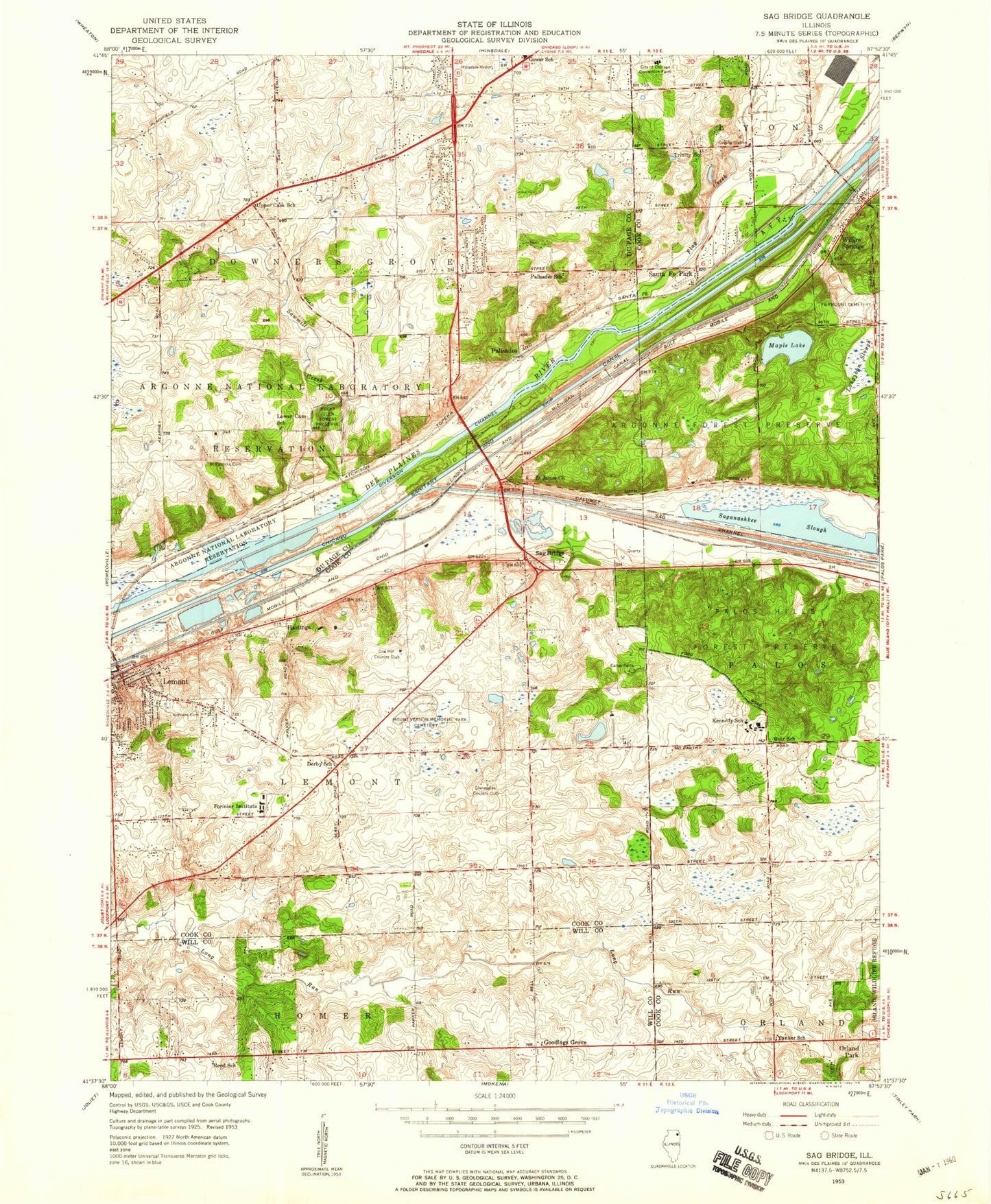 Classic USGS Sag Bridge Illinois 7.5'x7.5' Topo Map Image