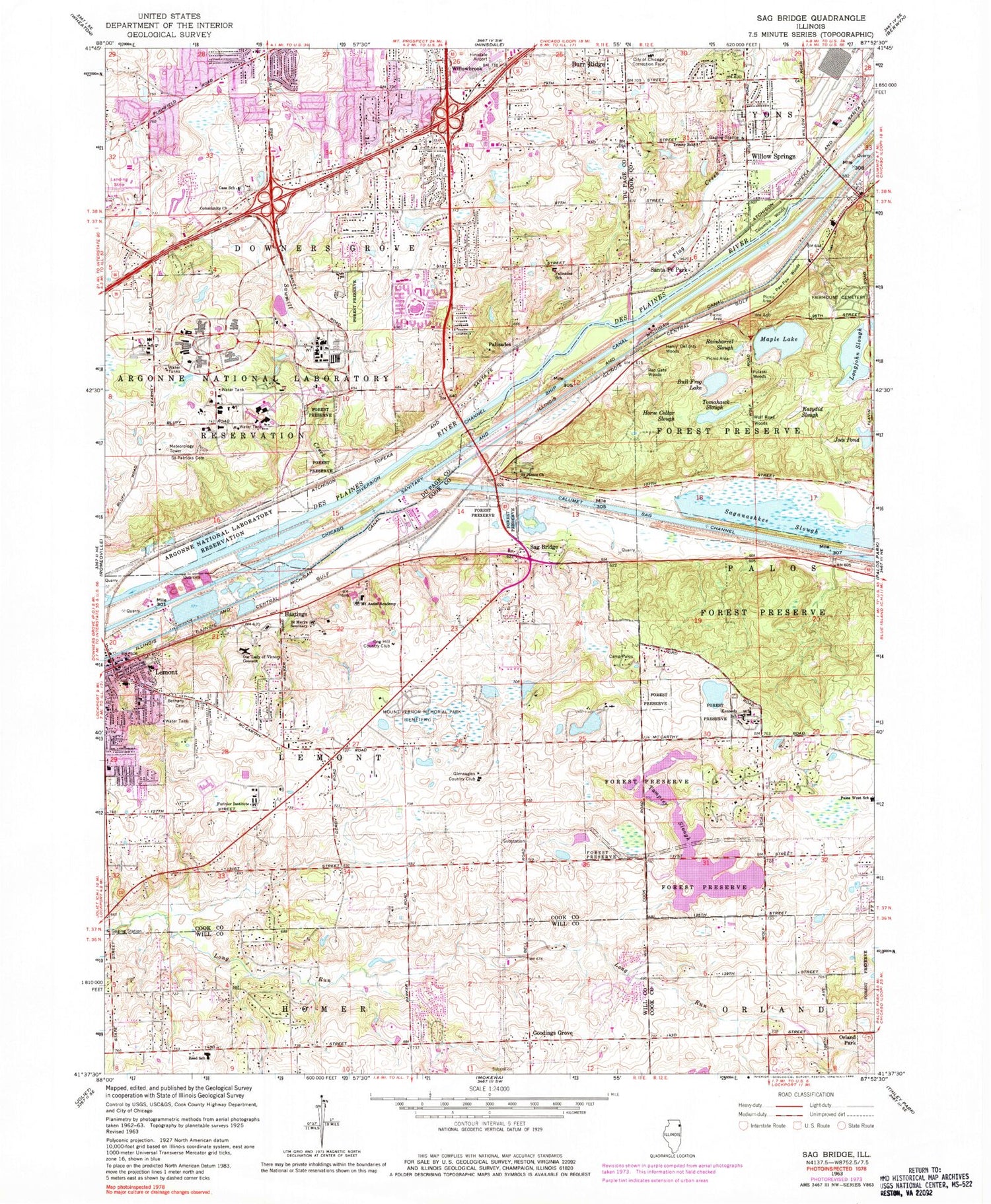 Classic USGS Sag Bridge Illinois 7.5'x7.5' Topo Map Image