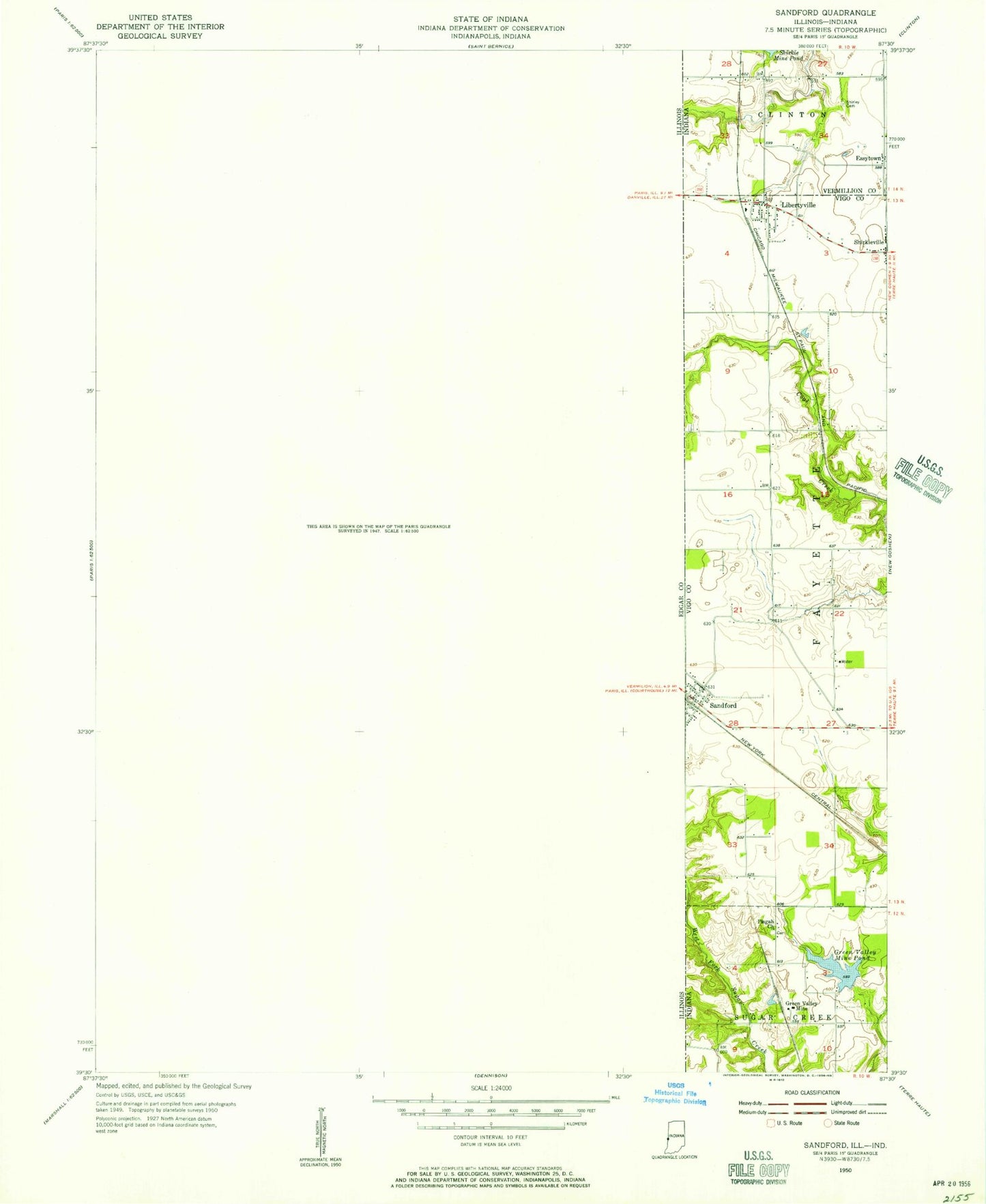 Classic USGS Sandford Indiana 7.5'x7.5' Topo Map Image