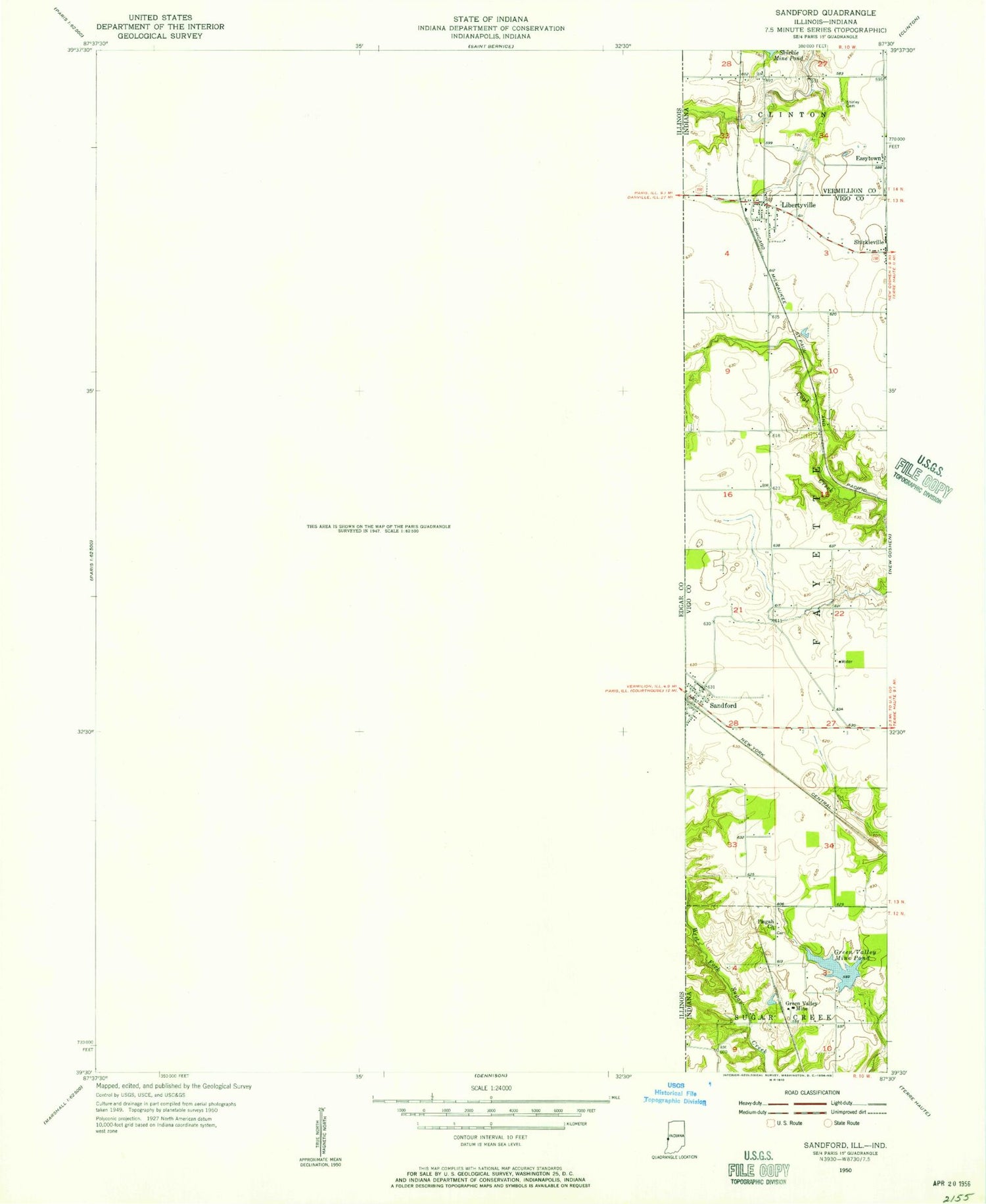 Classic USGS Sandford Indiana 7.5'x7.5' Topo Map Image