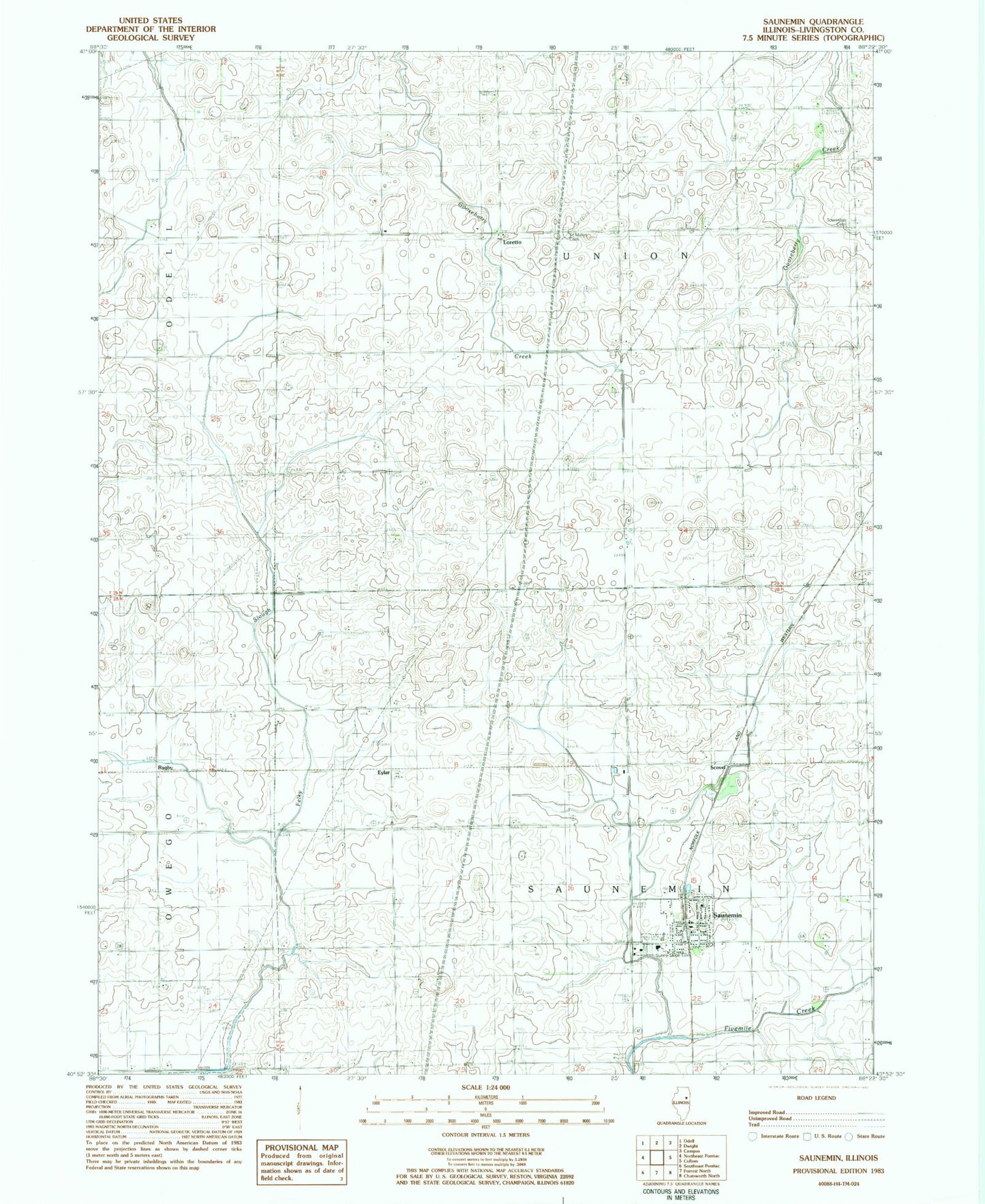 Classic USGS Saunemin Illinois 7.5'x7.5' Topo Map Image