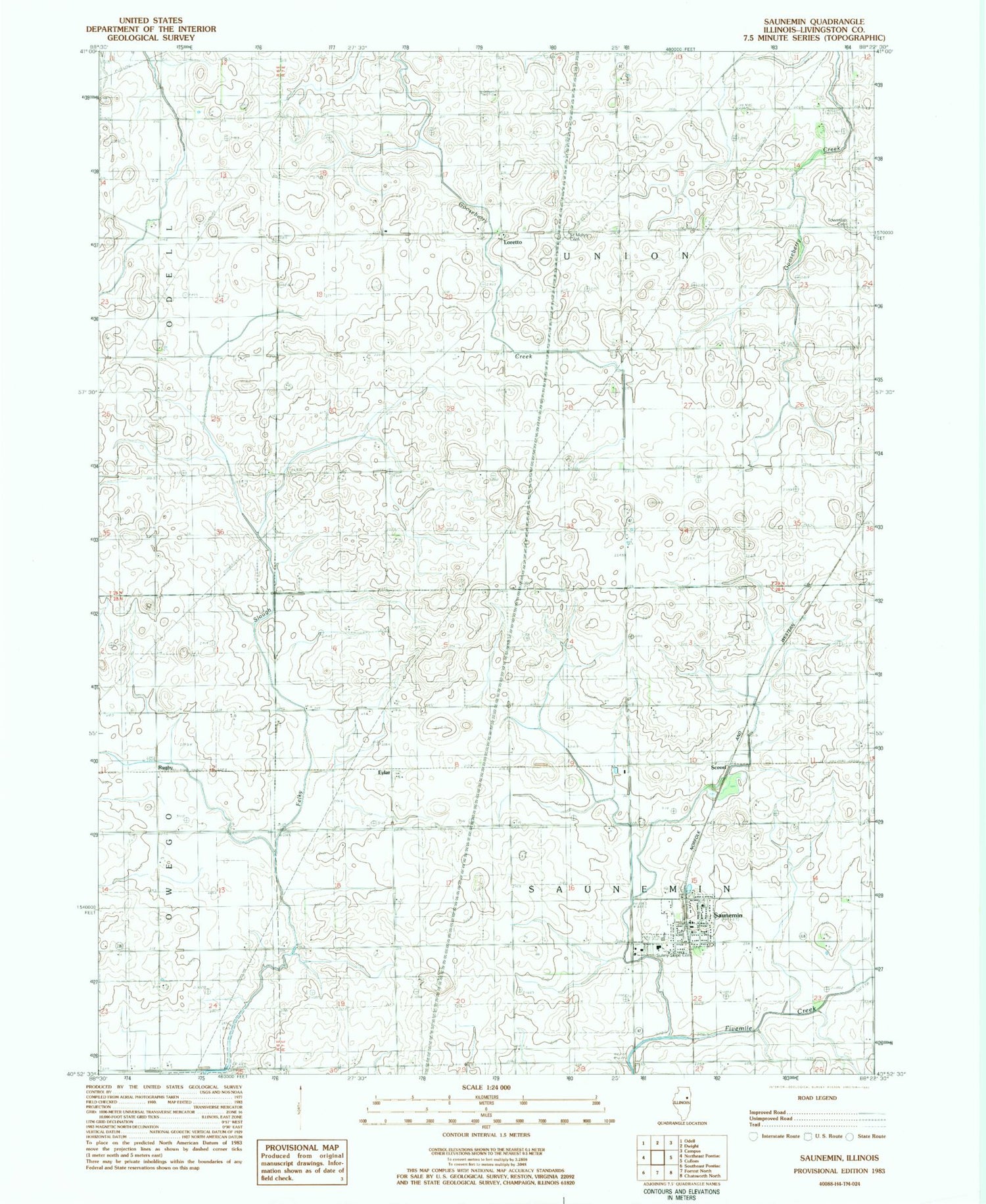 Classic USGS Saunemin Illinois 7.5'x7.5' Topo Map Image