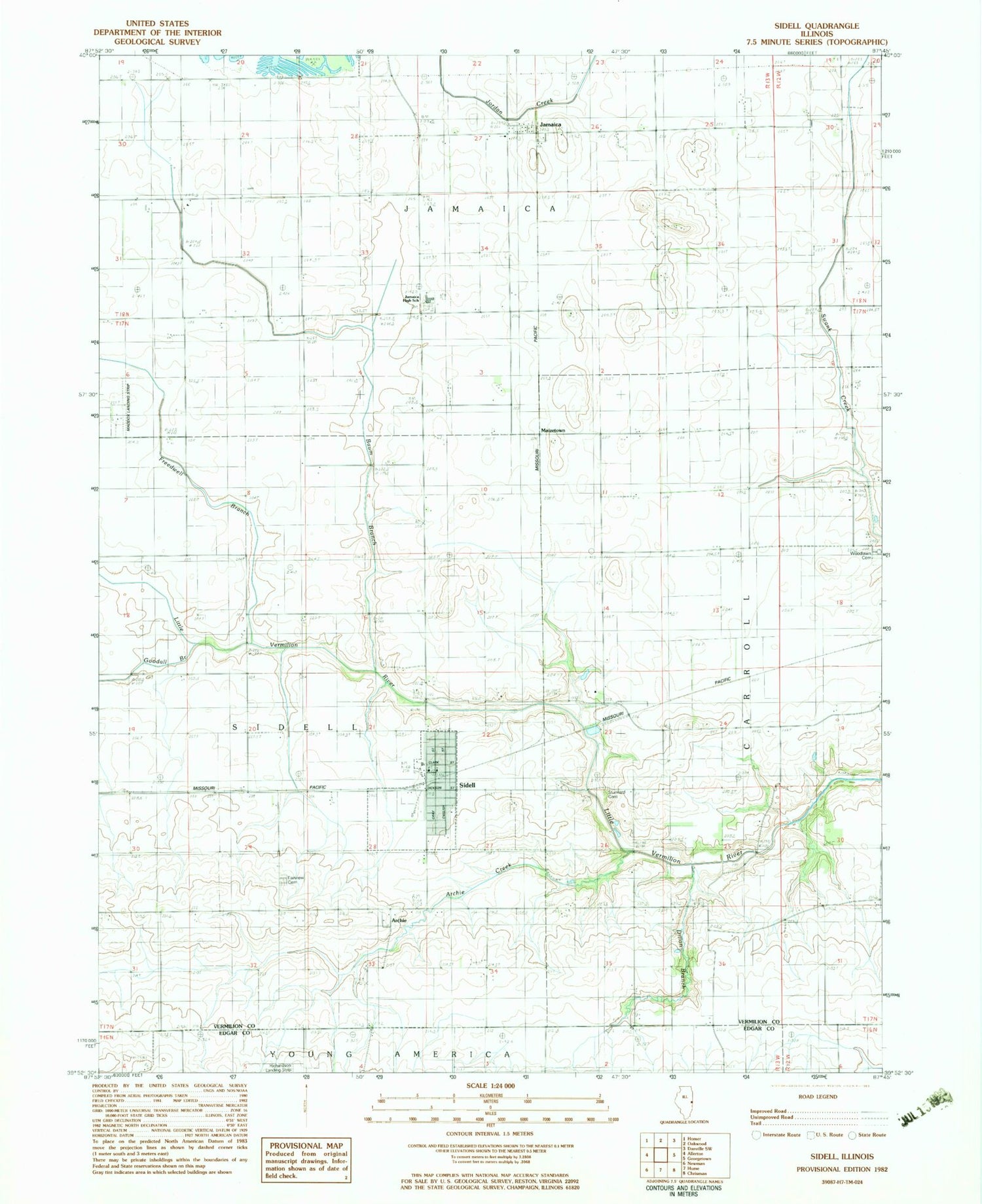 Classic USGS Sidell Illinois 7.5'x7.5' Topo Map Image