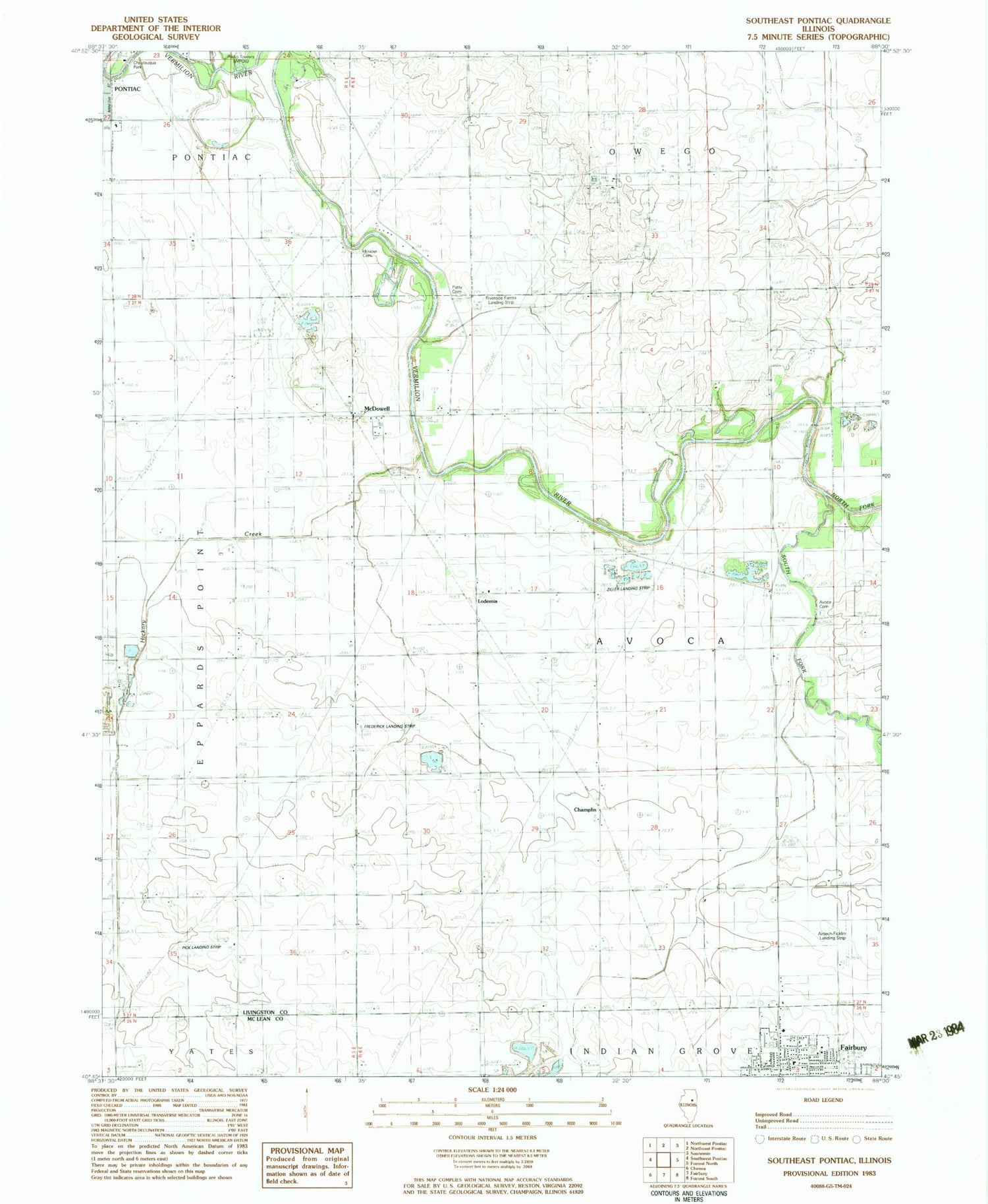 Classic USGS Southeast Pontiac Illinois 7.5'x7.5' Topo Map Image