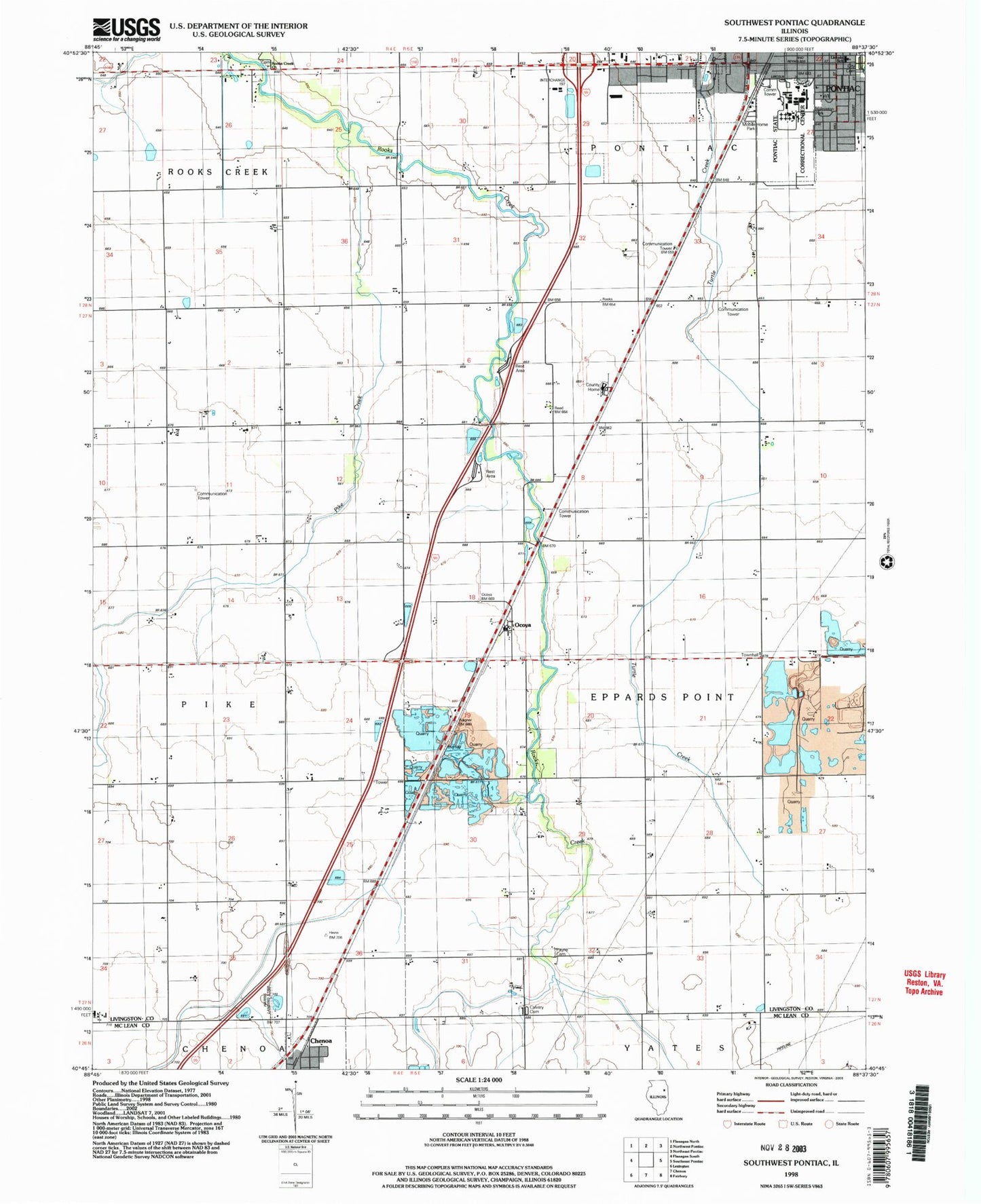 Classic USGS Southwest Pontiac Illinois 7.5'x7.5' Topo Map Image
