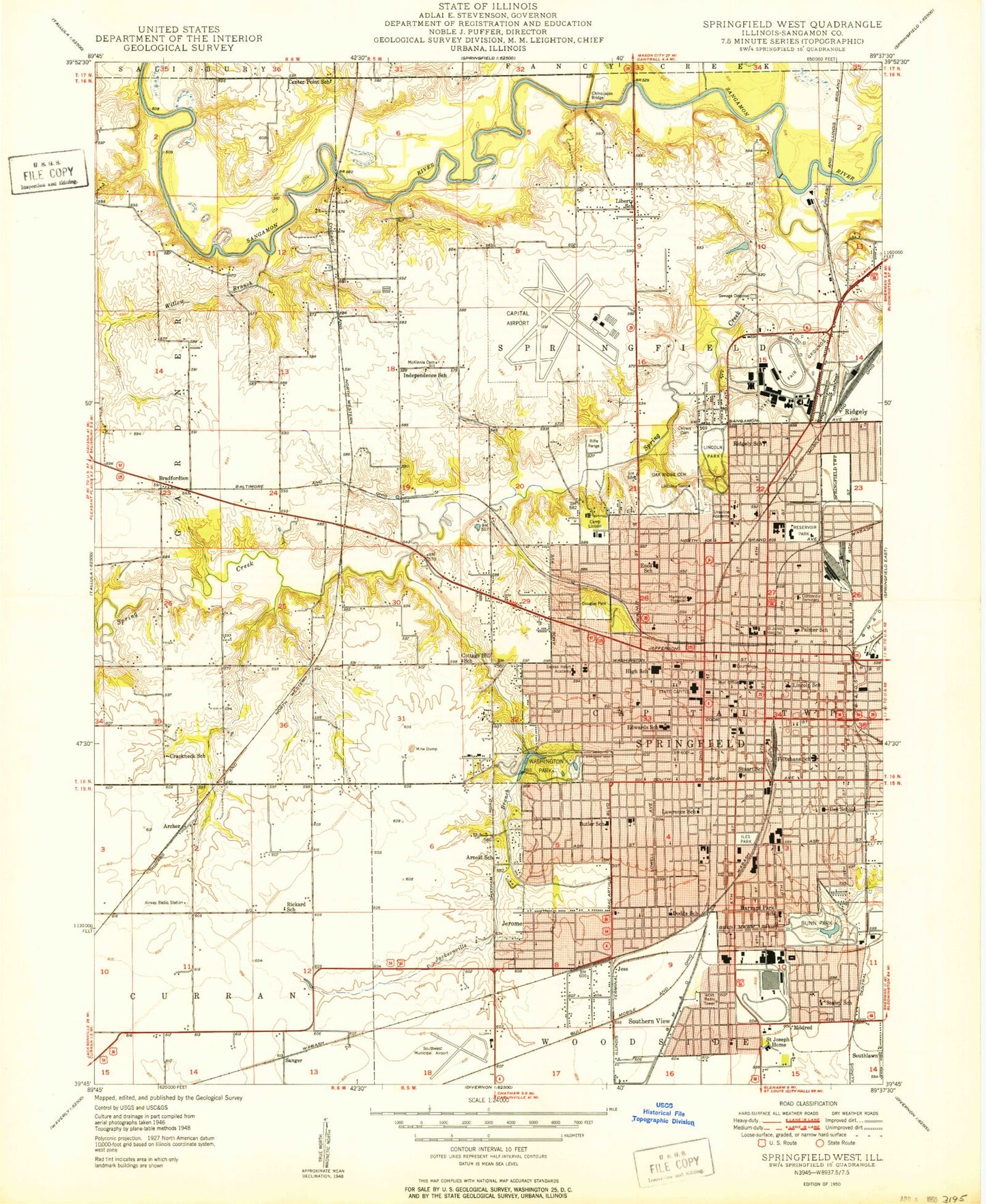 Classic USGS Springfield West Illinois 7.5'x7.5' Topo Map Image