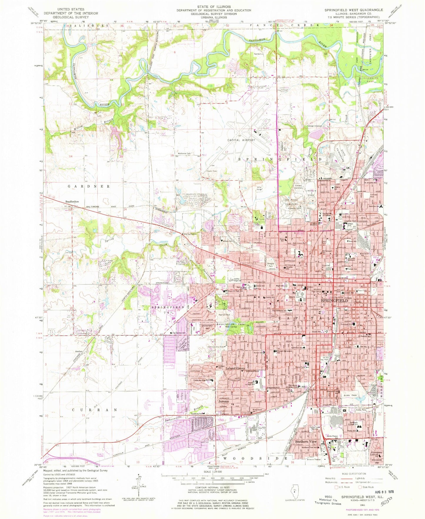 Classic USGS Springfield West Illinois 7.5'x7.5' Topo Map Image