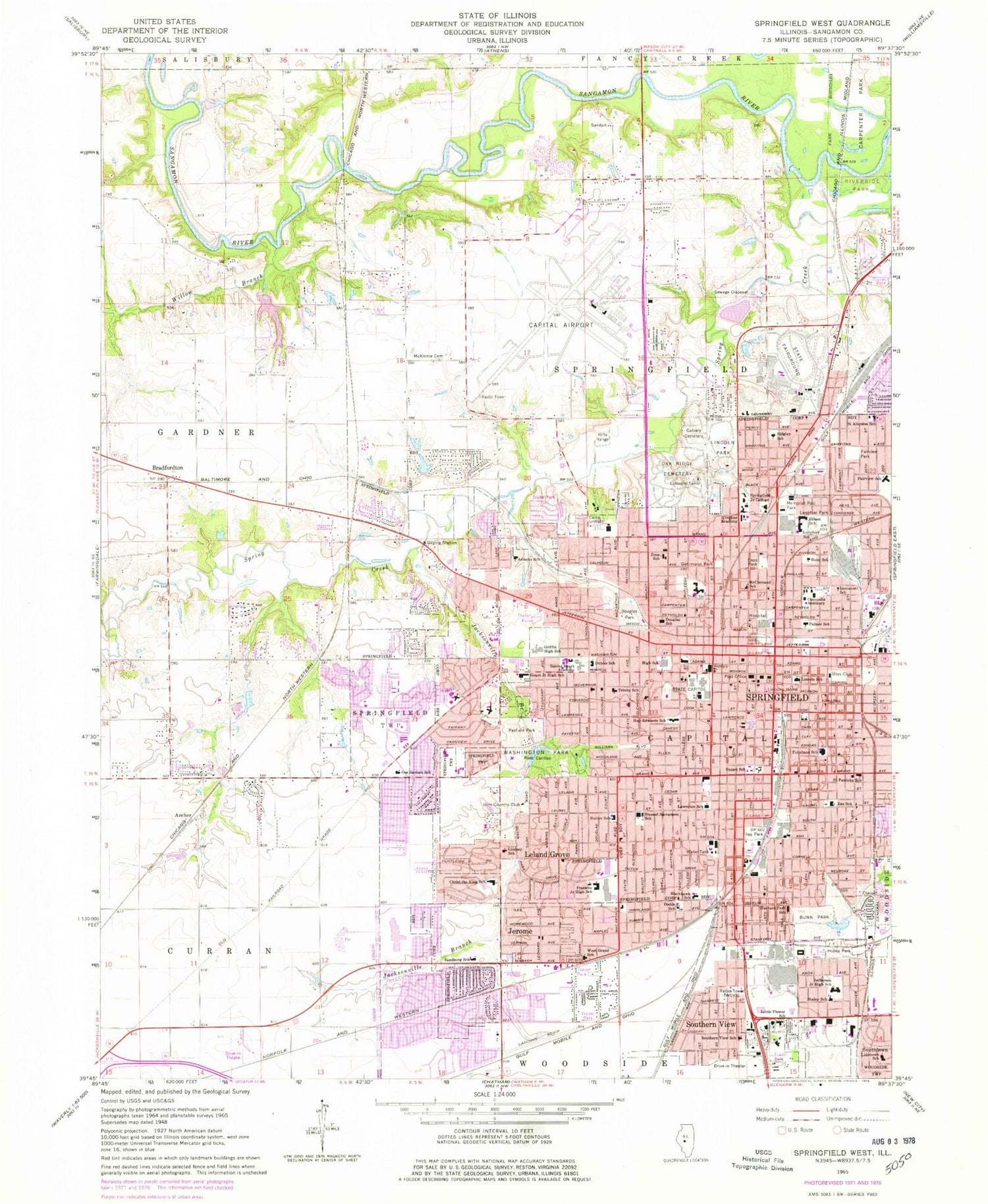 Classic USGS Springfield West Illinois 7.5'x7.5' Topo Map Image