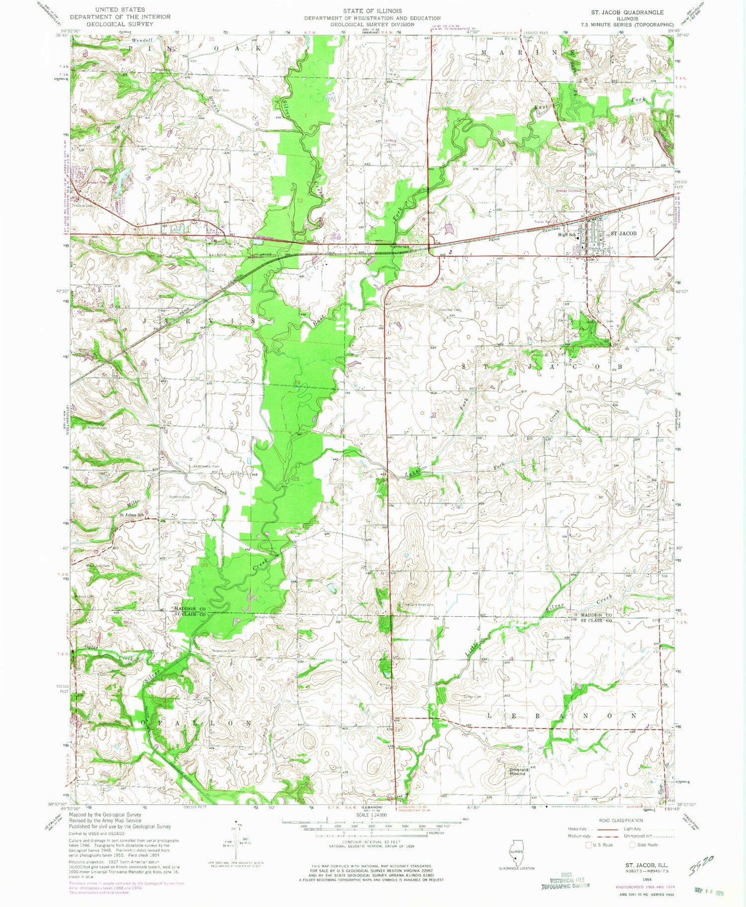 Classic USGS Saint Jacob Illinois 7.5'x7.5' Topo Map Image