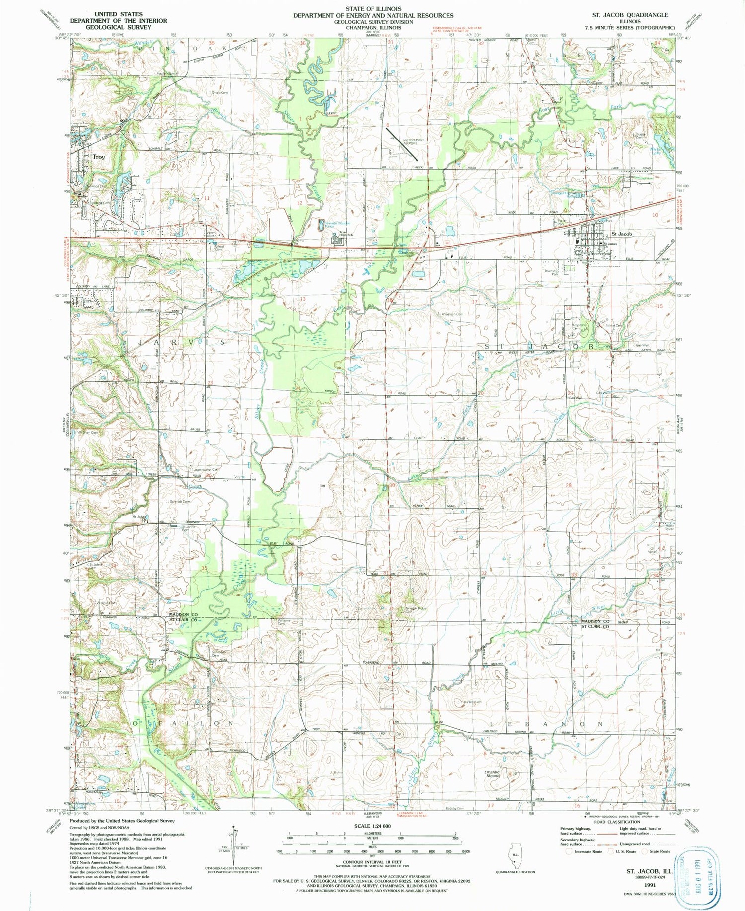 Classic USGS Saint Jacob Illinois 7.5'x7.5' Topo Map Image