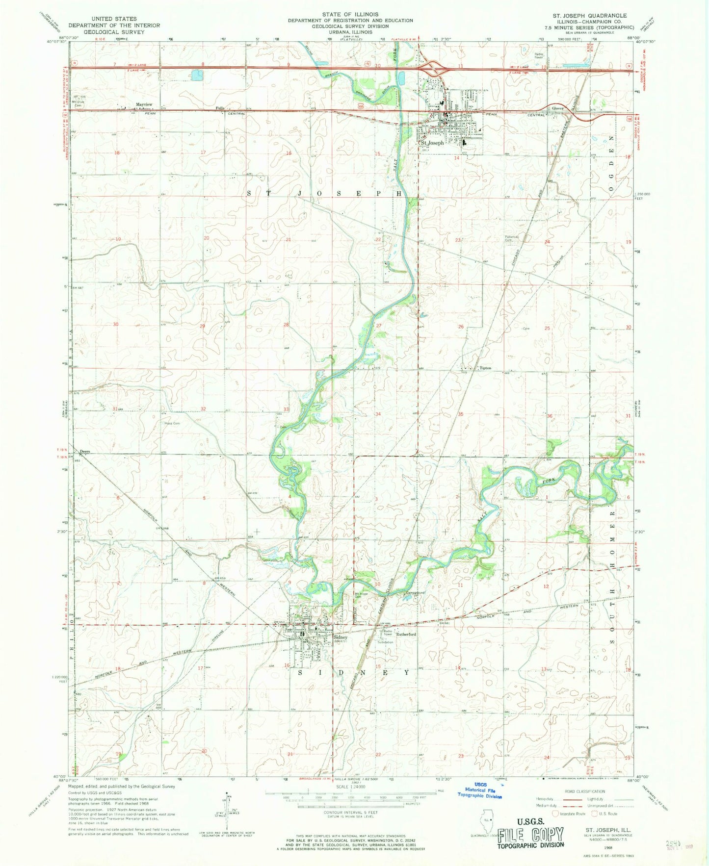 Classic USGS Saint Joseph Illinois 7.5'x7.5' Topo Map Image